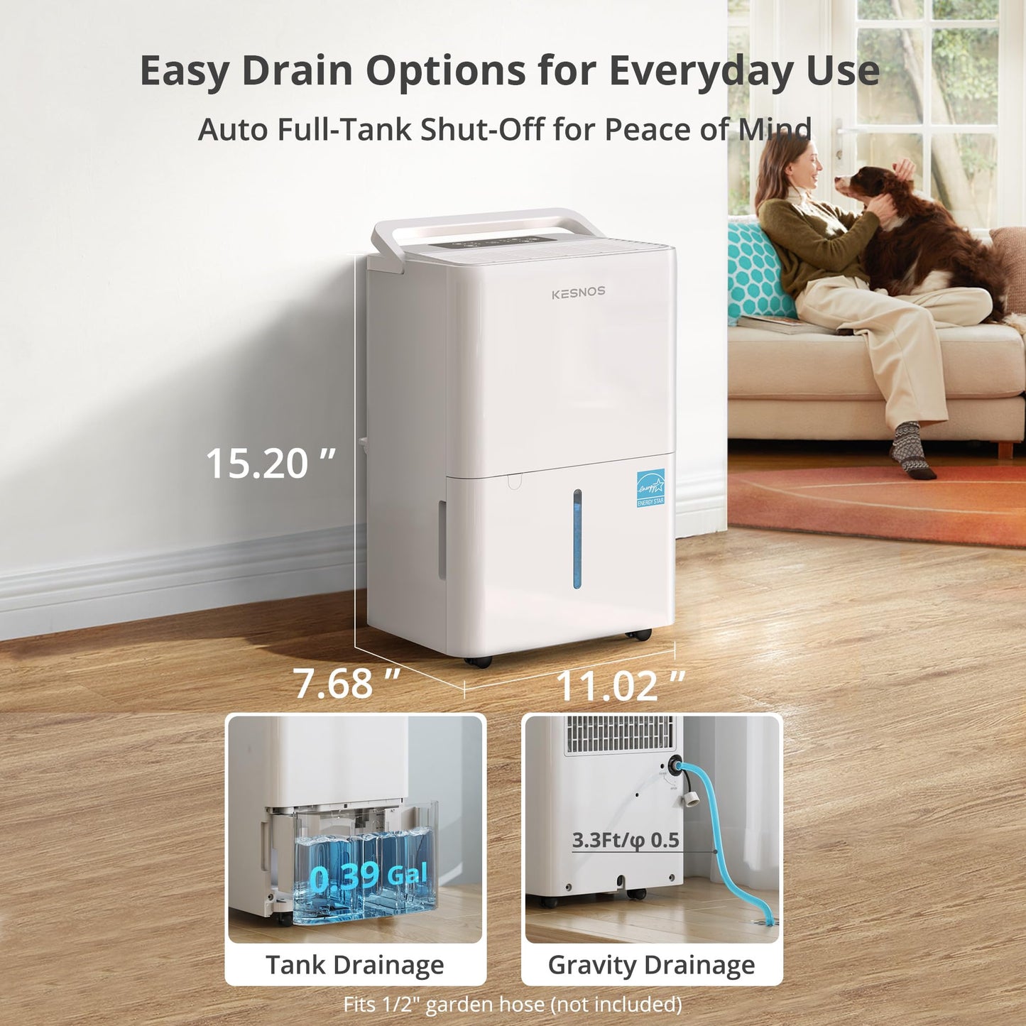 Kesnos 2,500 Sq. Ft. Energy Star 2025 Dehumidifier for Home & Basement, Ideal for Bedroom with Ultra Quiet 36 dB, 0.39-Gallon Water Tank with Drain Hose, 4 Pre-Set Modes, Auto Defrost, Timer