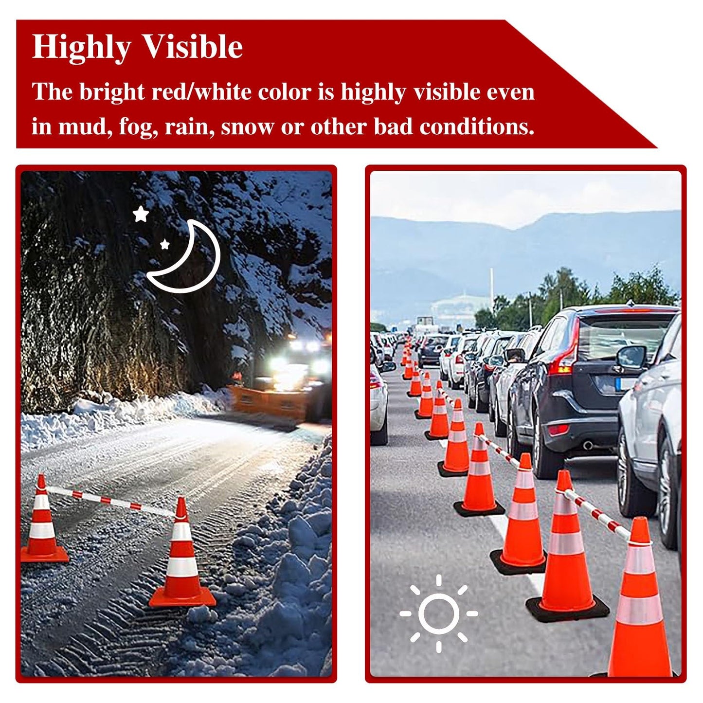 Elitix Construction Cone Bar 3 6 10 12 Pack, Expandable Traffic Barrier Pole for Driveway Garage Fence Parking, Reflective Control Barricade Equipment(Black,8pcs)