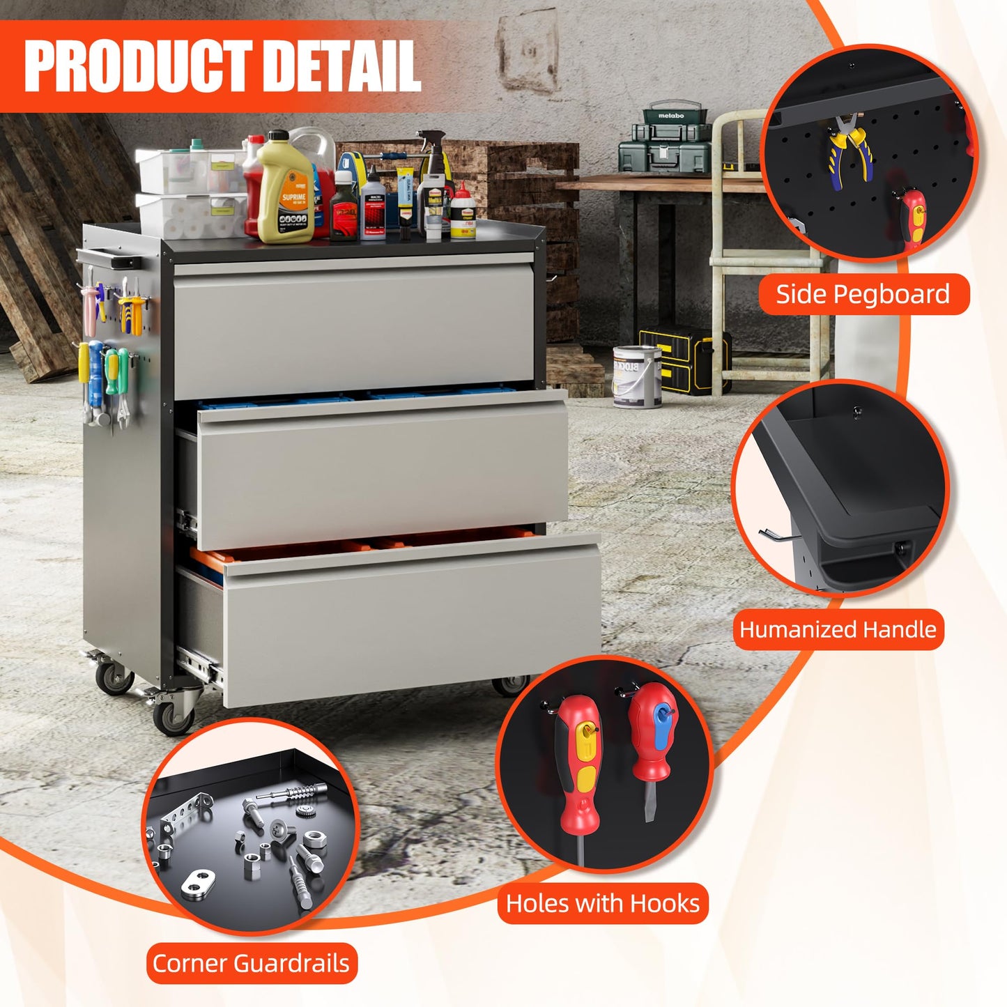 Aobabo Metal Garage Storage Cabinet with Wheels, 3-Drawer Rolling Tool Chest with Lockable Casters and Pegboards for Workshop Office, 35.43" H x 30.31" W x 18.11" D, Assembly Required, Black/Gray