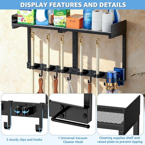 HUFAND Broom Holder Wall Mount - Heavy Duty Mop & Broom Organizer with Top Shelf & Hook | 27" Black Utility Rack for Laundry, Garage, Kitchen, Garden