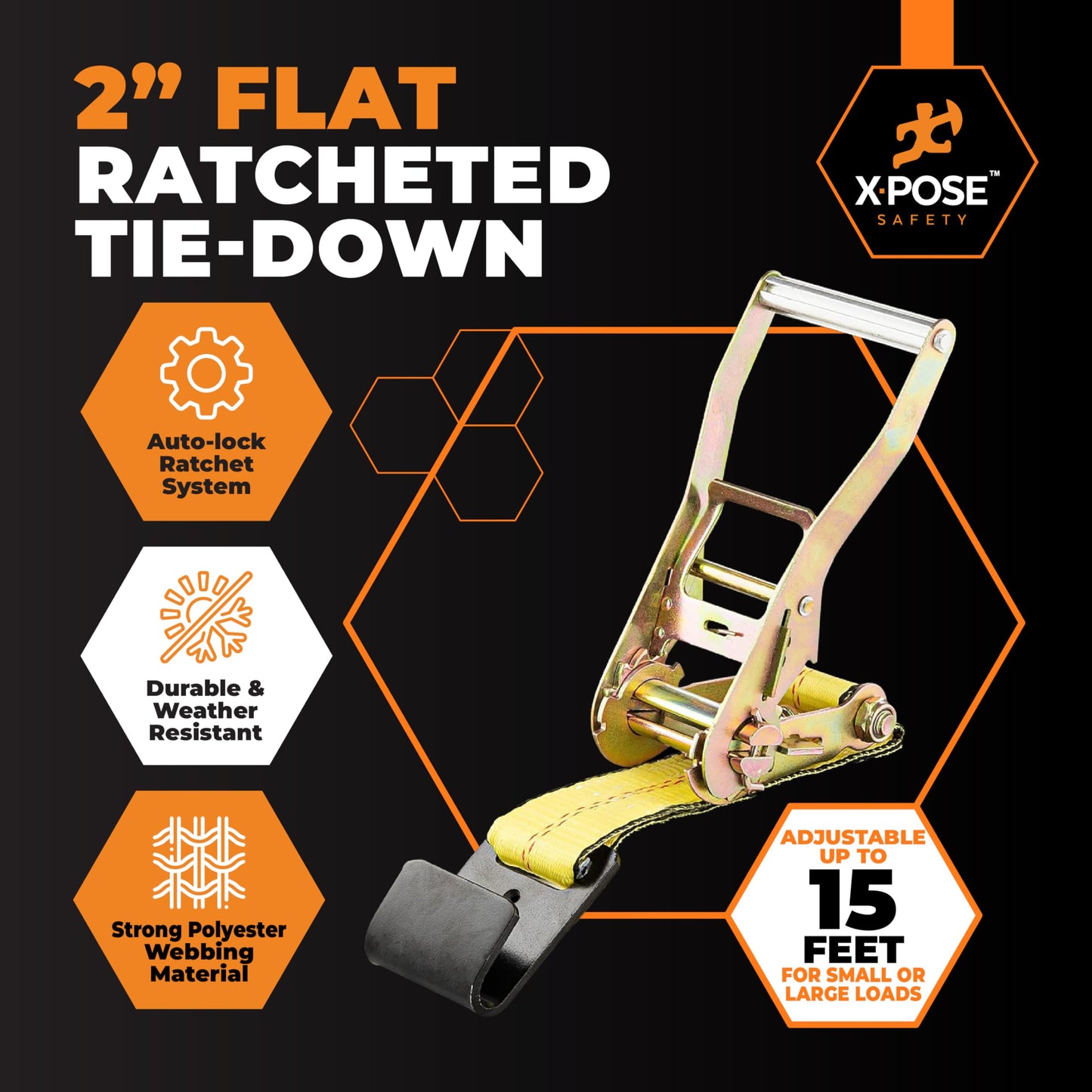 Xpose Safety 10-Pack Retractable Ratchet Straps with Flat Hooks, Heavy Duty 2" x 15', 10,000 lbs Break Strength Tie-Downs for Truck, Trailer, Kayak & Motorcycle