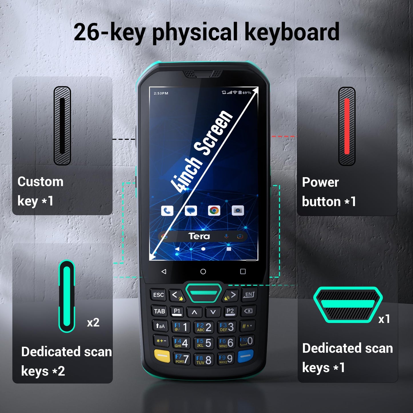Tera Android 11 Barcode Scanner with 26 Keys HS7 Scan Engine IP67 Rugged 4+64GB 5100 mAh Battery QC 3.0 Fast Charge 4” Touch Screen Mobile Terminal for Warehouse Inventory Scanner P400