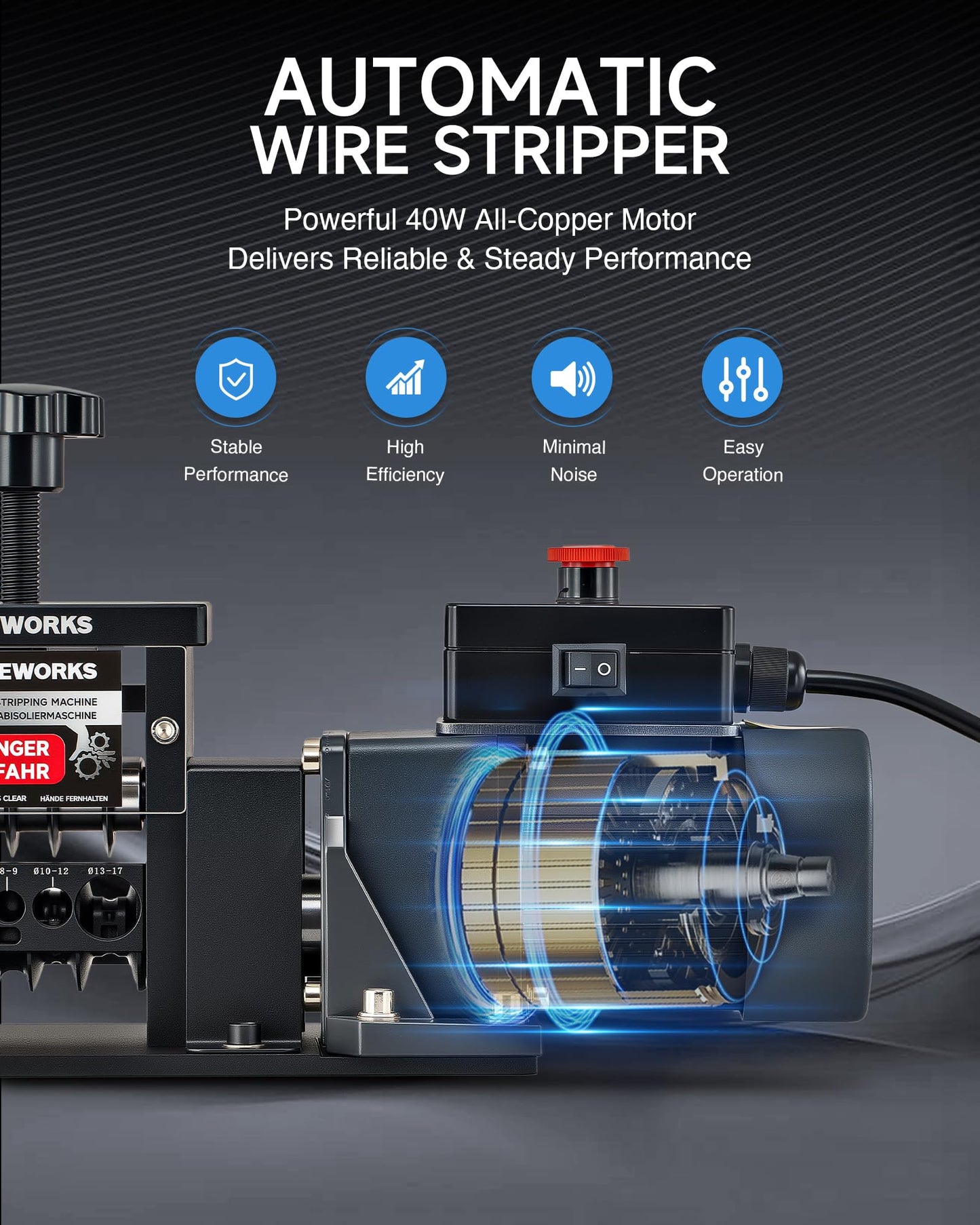 CREWORKS Automatic Wire Stripper Machine, 8 Channel Electric Wire Stripping Machine for 0.06 to 0.67 in. Copper Wires, Electric Cable Stripper Machine with 5 Blades and All-Copper Motor for Recycling