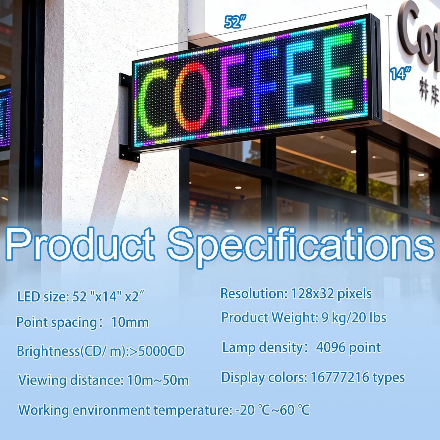 ZONTRONCM P10(52" * 14") Scrolling Programmable Led Sign Custom Outdoor Digital For Business Display Screen Matrix Panel Electronic Message Board Neon Full Color Advertising Light Wifi Control