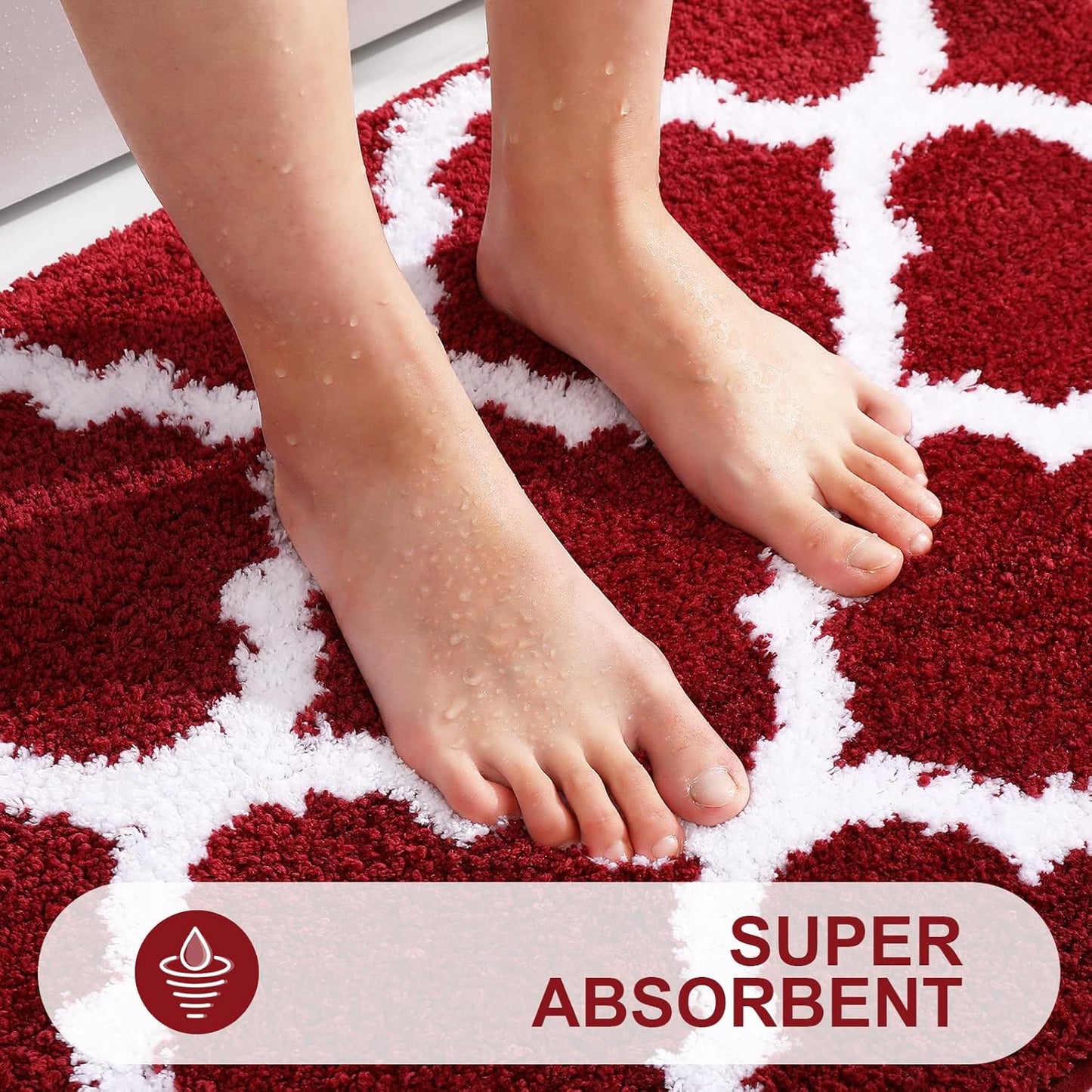 OLANLY Bathroom Rugs Set - Non-Slip Microfiber Bath Mat & U-Shaped Toilet Rug - Burgundy (30"x20" + 24"x20")