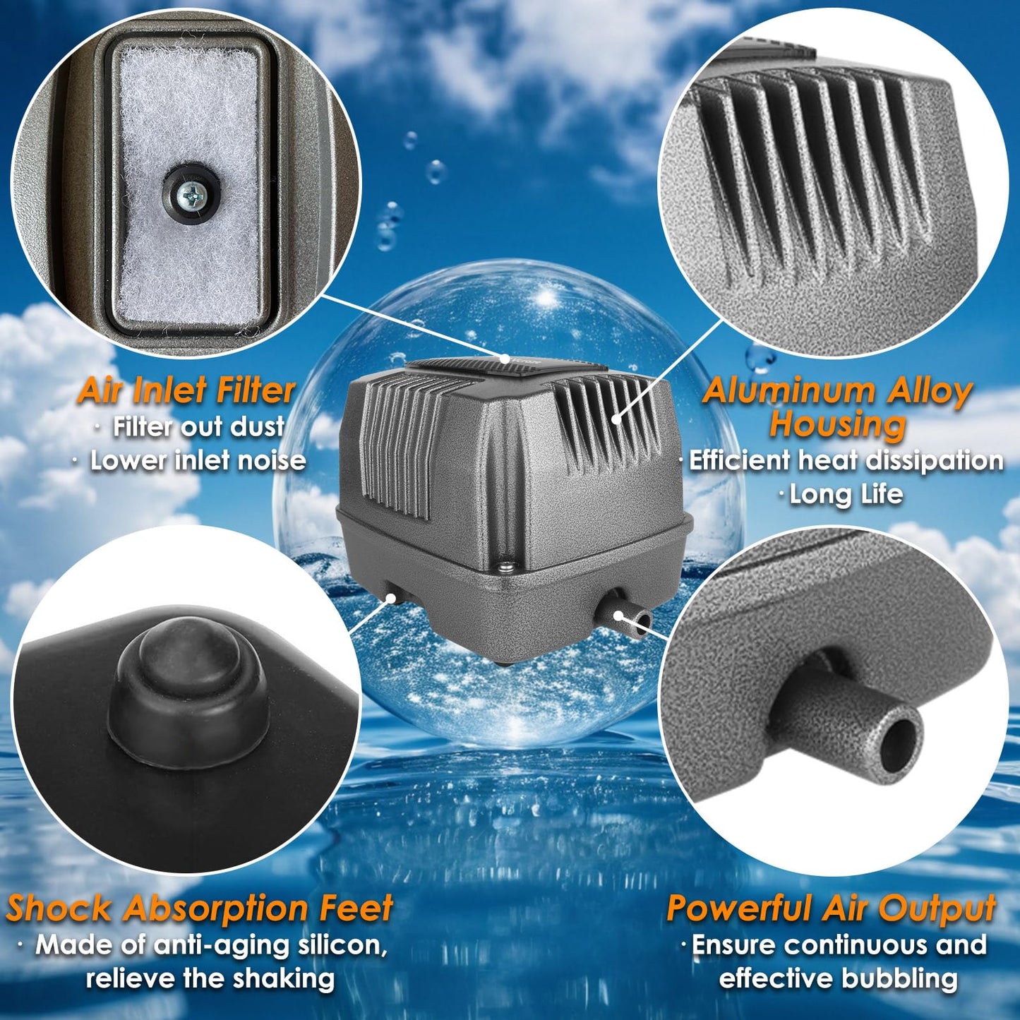 VCRAZE Powerful Linear Air Pump, KP-80 Pond Air Pump Pond Aerator, 1350GPH Aeration System for Koi Pond Aeration, Aquarium, Waste Treatment, Fish Farm, Seafood Restaurant