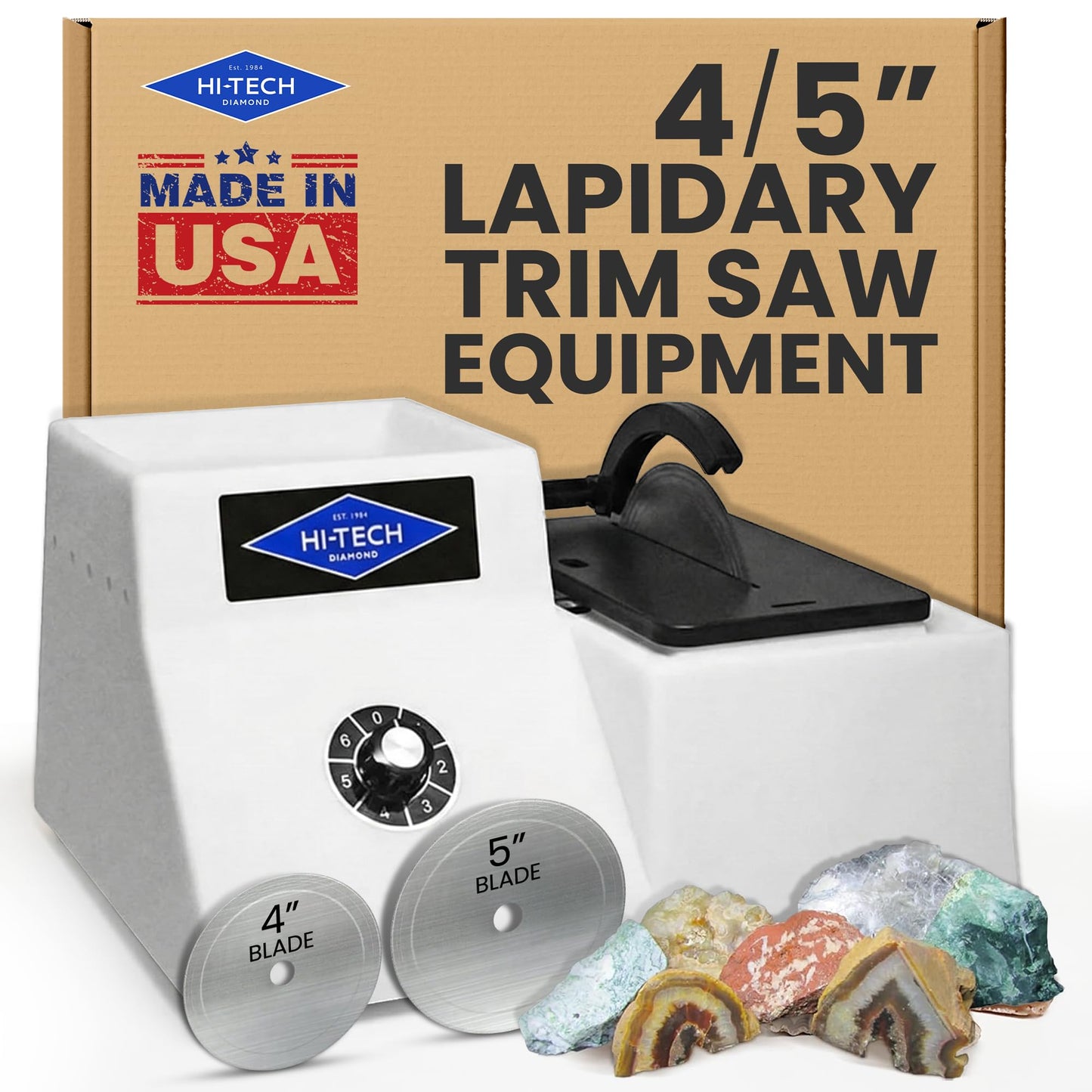 Hi-Tech Diamond 4"/5" Lapidary Trim Saw - Stone Cutter Equipment, Glass Cutter, Diamond Blades Included, Rock Polisher & Cutting Tool Set for Gems, Minerals, Stones and Crystals – 4/5 Inch, 115V Only