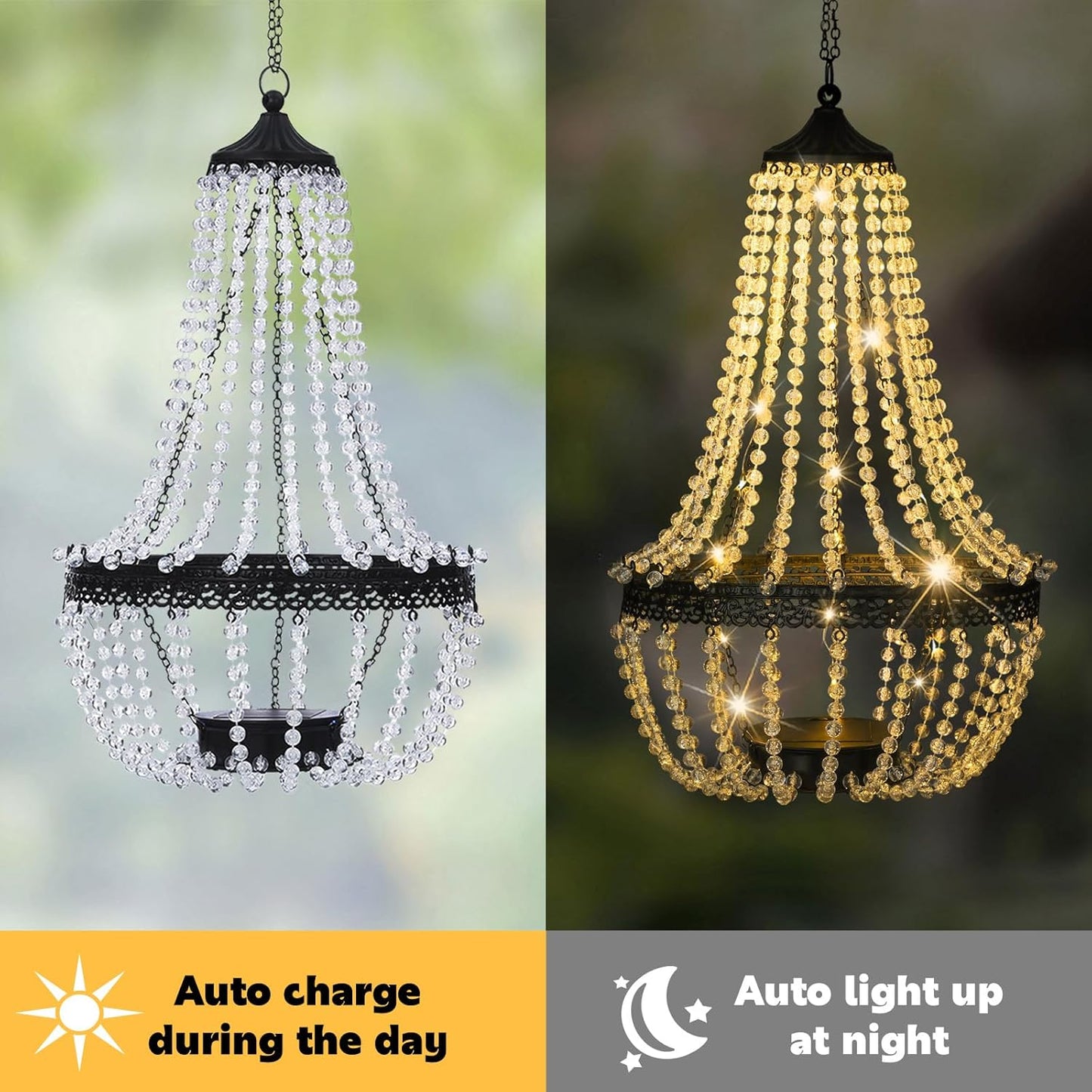 Skiennix Hanging Solar Lantern - 28” Modern Clear Crystal Acrylic Chandelier with 30 Warm White Lights for Garden & Patio Decor