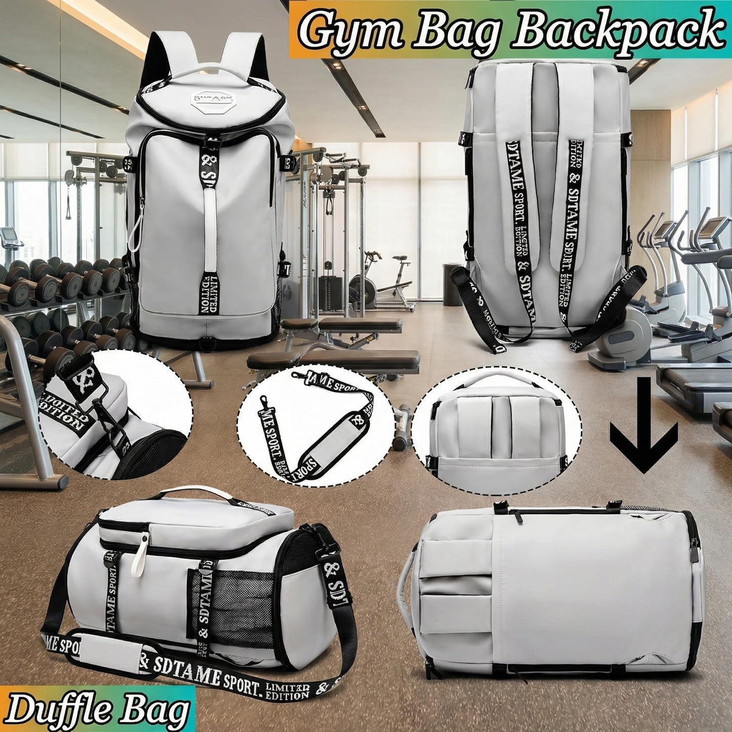 Gym Duffle Bag Backpack with Shoe Compartment,4 ways Travel Backpack for Women and Men,Multi-Functional bag with Waterproof Layer&Laptop Compartment for Fitness, Travel,Camping(Grey)