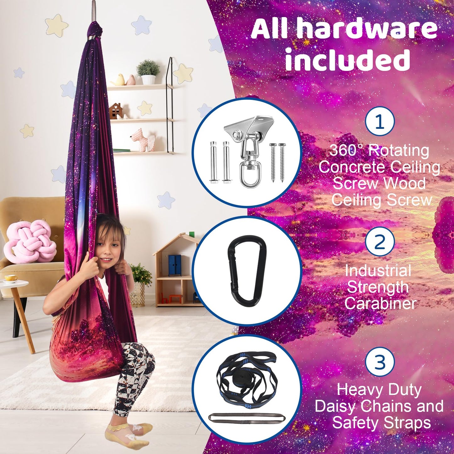 HiCamer Double Layer Sensory Swing for Kids & Adults Holds up to 300lbs Indoor and Outdoor Therapy Cuddle Swing with 360° Swivel Hanger Kit Adjustable with Aspergers Autism ADHD (Fantasy Pink)