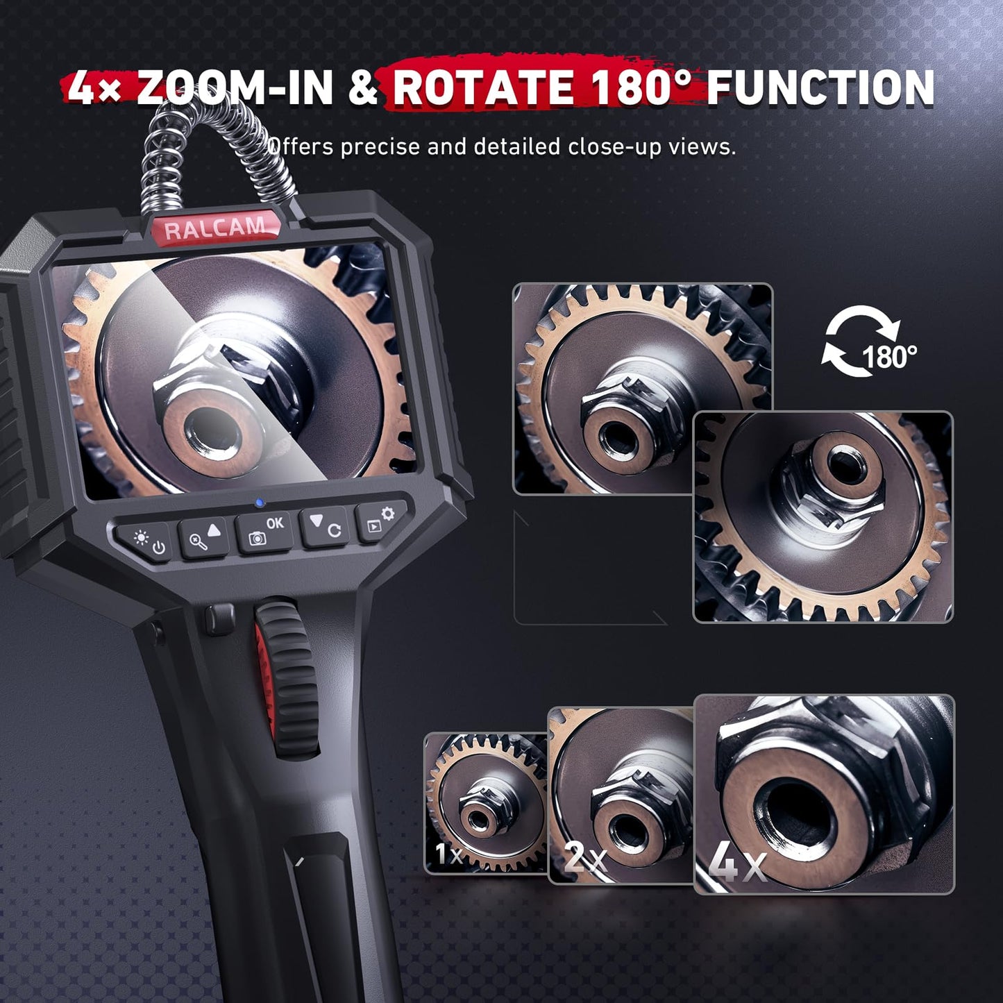 Ralcam Two-Way Articulating Borescope, Endoscope Camera with Light 0.24in/6.2mm Articulated Inspection Camera, 3.3 FT Semi-Rigid HD Video Snake Scope for Automotive Aircraft Mechanics