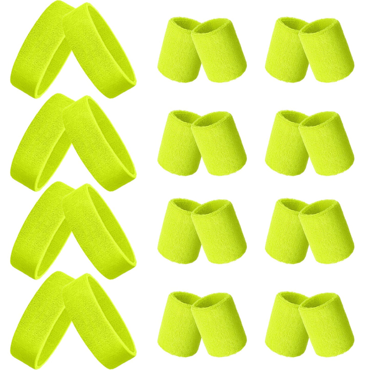 24 Pieces 80s Neon Sweatbands Set, Include 8 Sports Headbands and 16 Sweat Wristbands Elastic Athletic Tennis Sweat Bands Bulk for Man Woman(Fluorescent Yellow)