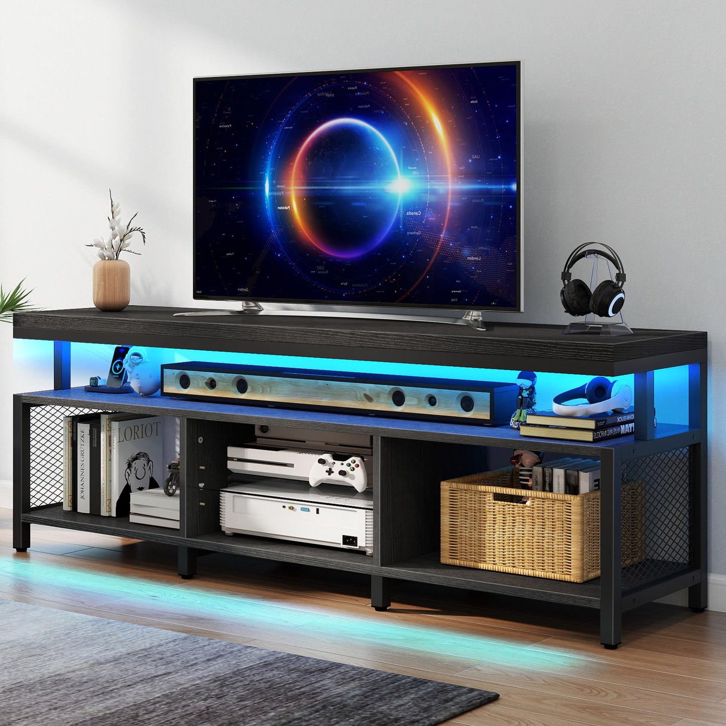 DWVO Living Room TV Stands for 70/65 inch TV LED Entertainment Center with Storage, Modern Television Stand, Industrial Media Console Cabinet with Power Outlets, Black