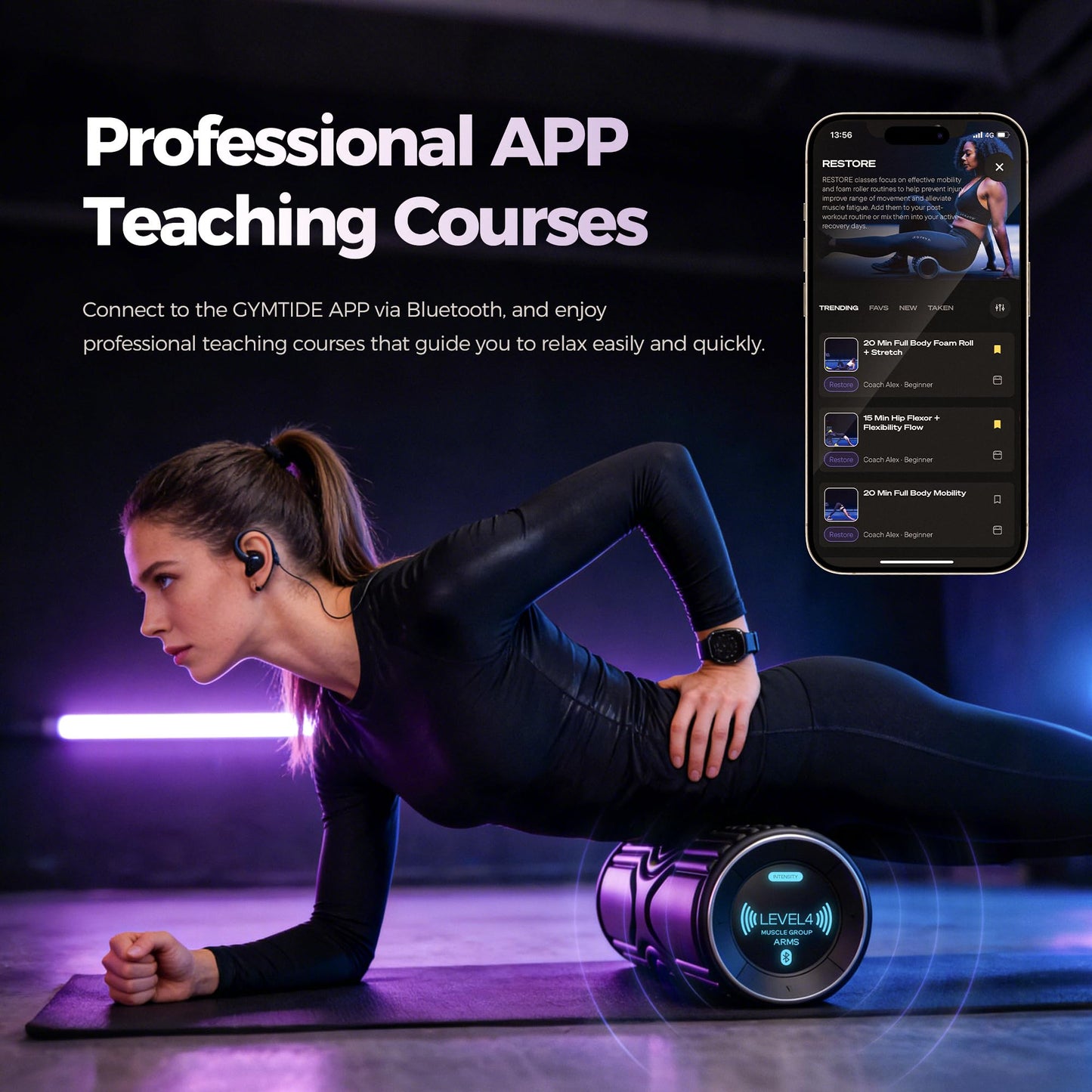 Vibrating Foam Roller with Smart APP Control, 5-Speed Electric Deep Tissue Massage Roller for Back Pain Relief, Muscle Recovery, Physical Therapy, Yoga, Neck, Leg Pain - Rechargeable & Portable