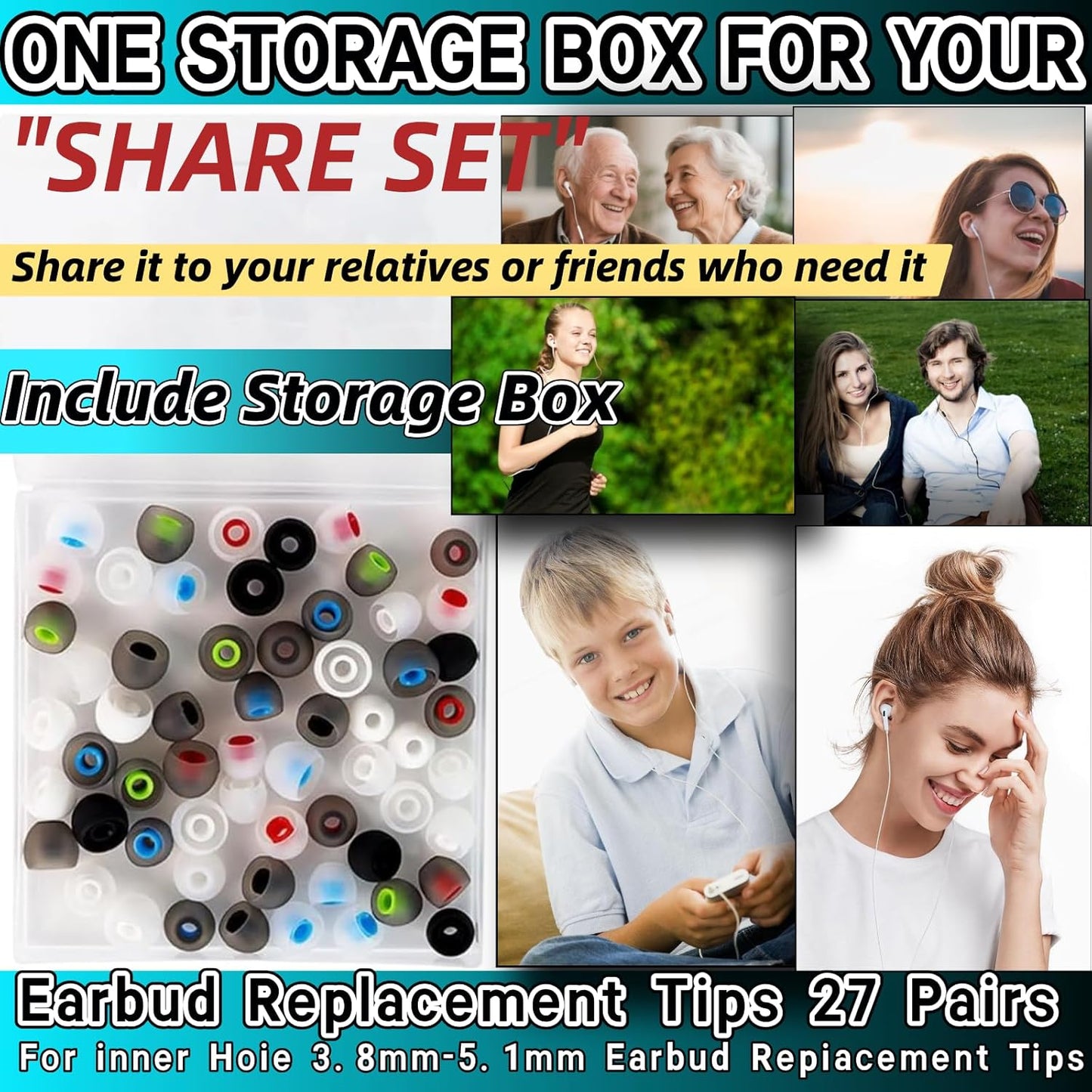 Zijipjy 54Pcs 3.8mm -5.1mm) 3 S/M/L,9 Earbuds Replacement Tips Silicone Earbuds Cap Replacement Pieces Earbud Covers