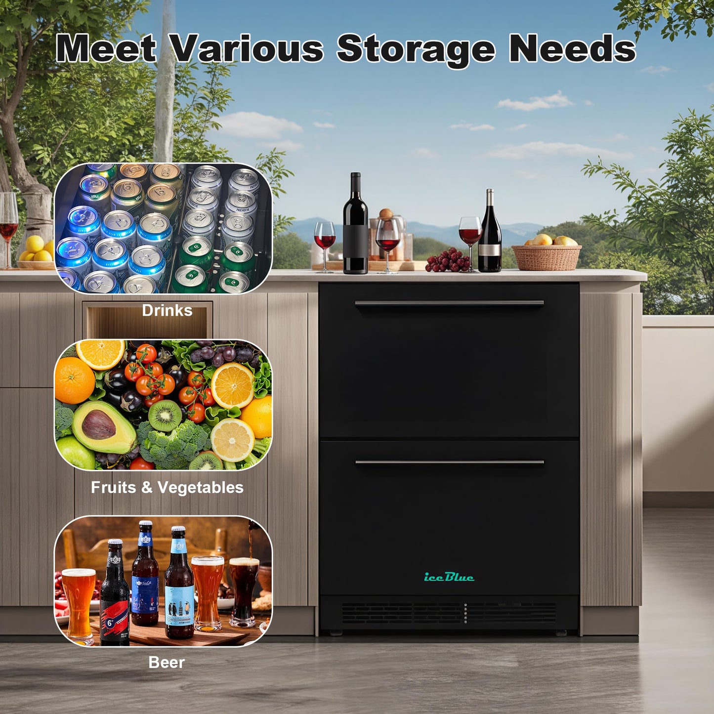 Iceblue 24 Inch Under Counter Drawer Fridge, Wine Fridge, Stainless Steel Freestanding Beverage Refrigerator, 34~50℉ Fast Cooling Wine Refrigerator for Home, Bar, Gift (Black)