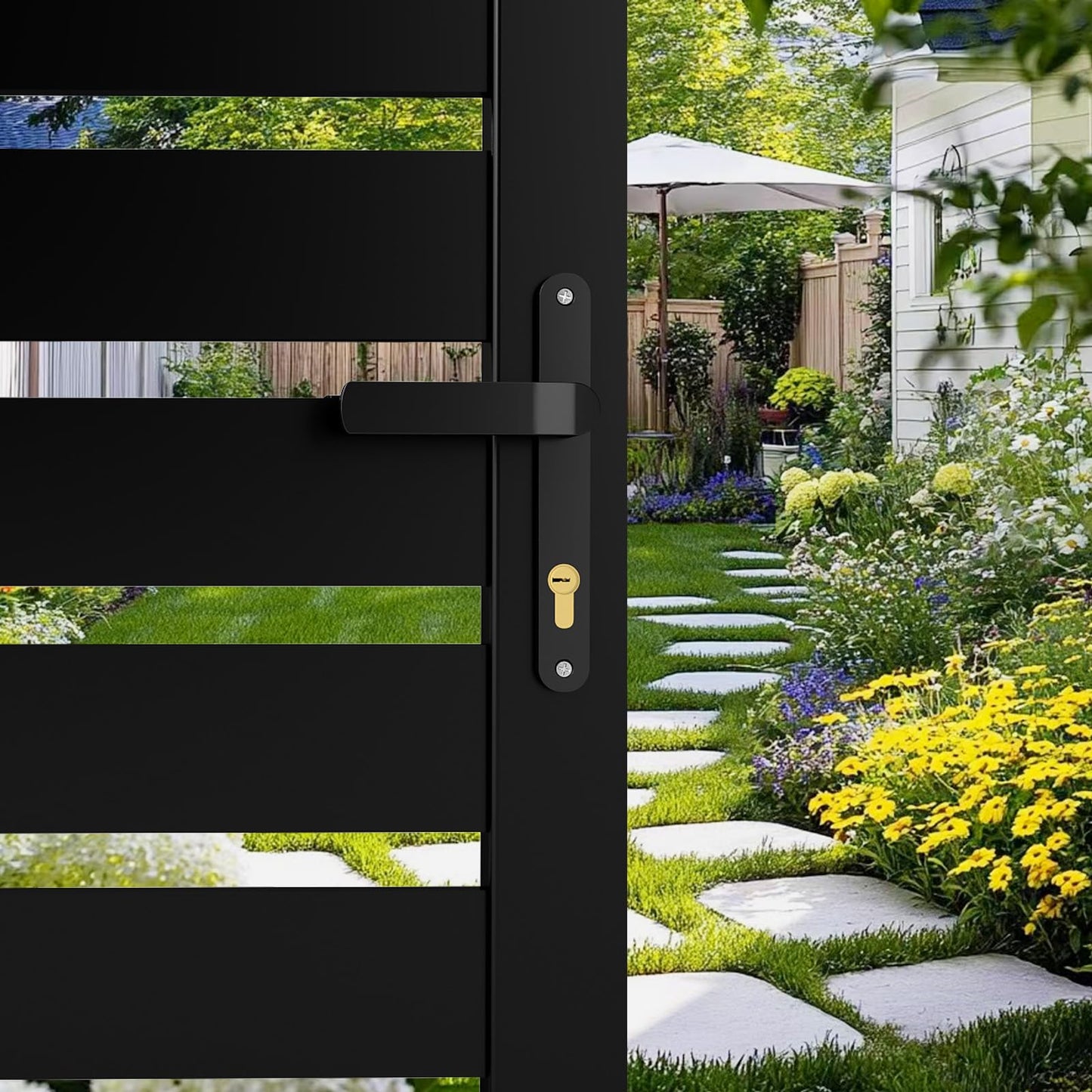 Mondaria Aluminum Double Fence Gate, 6FT H x 8FT W Outdoor Driveway Privacy Gate with Heavy Duty Metal Frame, Rustproof Powder-Coated Gate with Lockable Handle Kit, Horizontal Slat (Without Post)