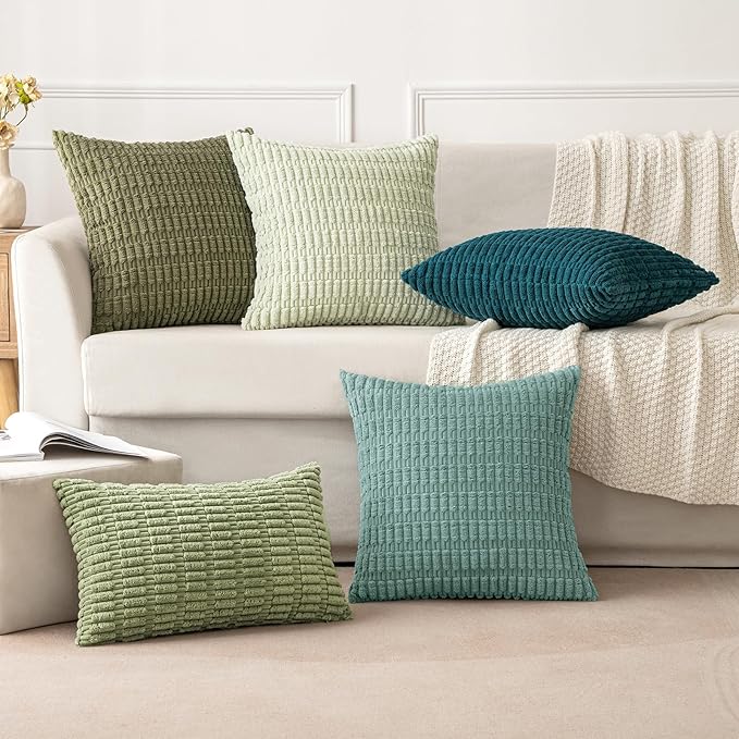 MIULEE Pack of 2 Corduroy Decorative Throw Pillow Covers 16x16 Inch Soft Boho Striped Pillow Covers Modern Farmhouse Home Decor for Summer Sofa Living Room Couch Bed Teal Green