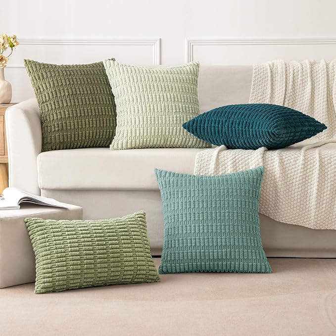 MIULEE Pack of 2 Corduroy Decorative Throw Pillow Covers 18x18 Inch Soft Boho Striped Pillow Covers Modern Farmhouse Home Decor for Summer Sofa Living Room Couch Bed Teal Green