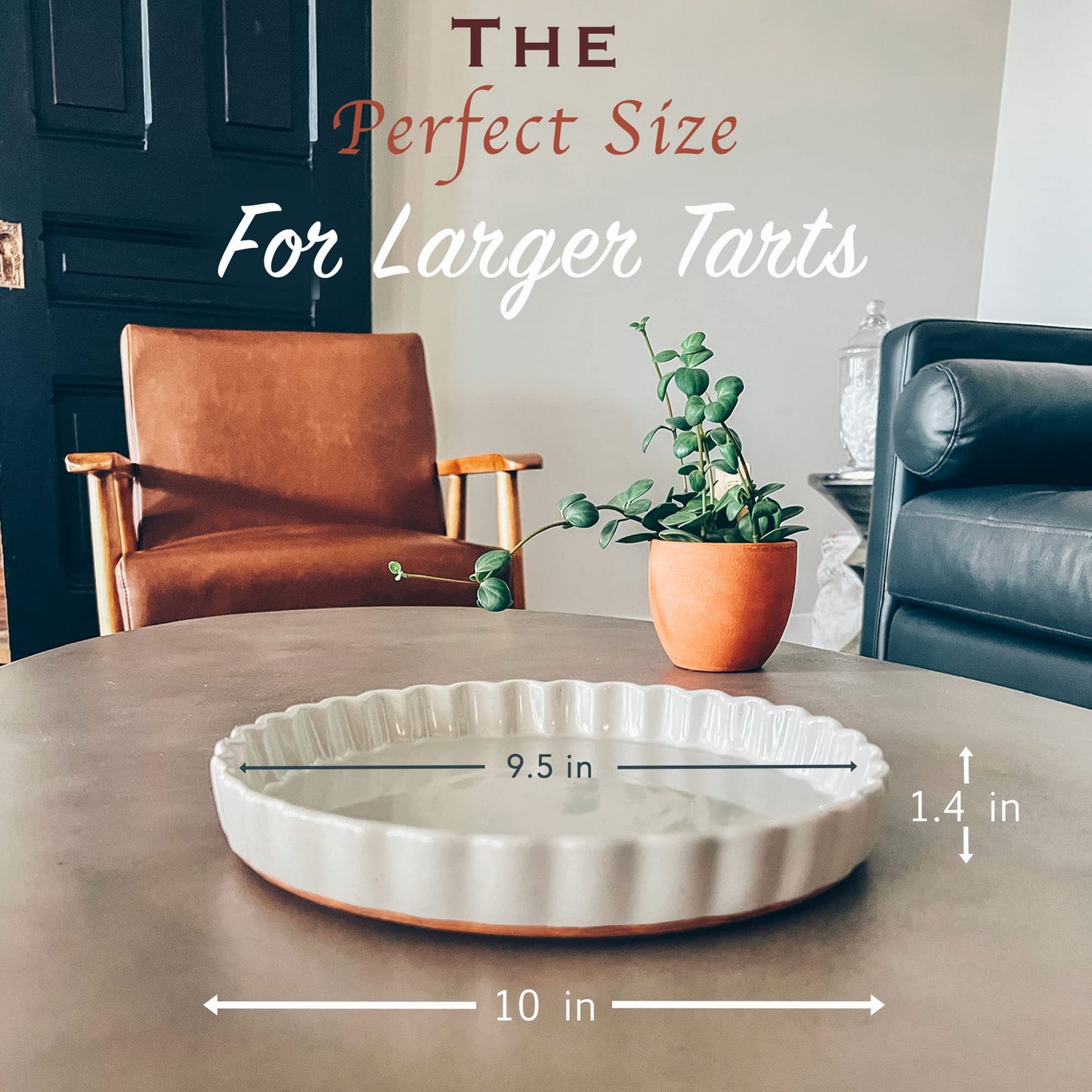 MORA Ceramic Tart Pan, 9.5 Inch Large Porcelain Baking Dish for Tarts, Quiche, Pie, Flan etc. Fluted Ruffled Edge, Oven, Microwave, Freezer, and Dishwasher safe - Great Gift For Bakers - Earl Grey