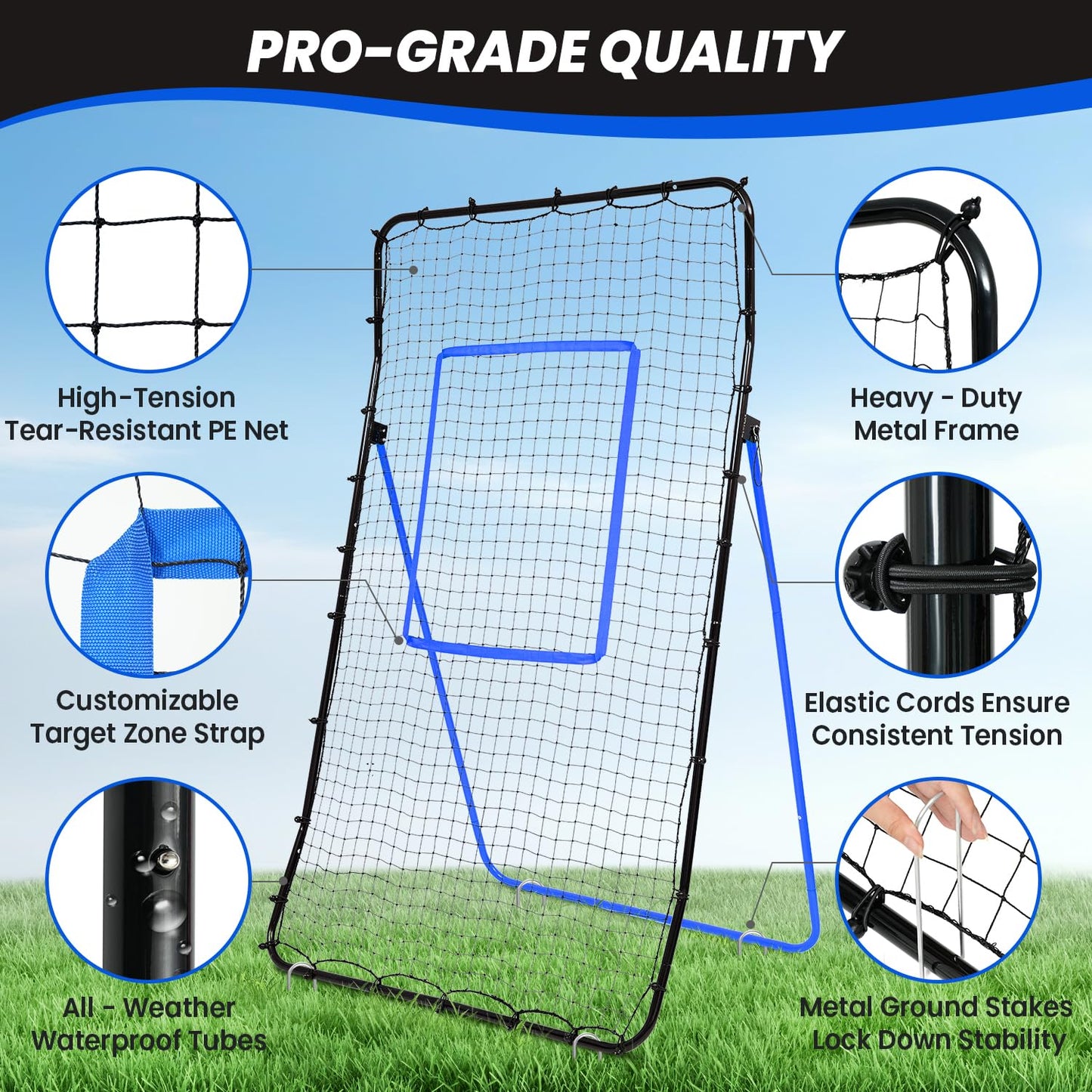 BAGAIL Volleyball Rebounder Net 7x4 Ft, Bounce Back Training Equipment with Unique Curved Frame for Better Catching, 5 Adjustable Angles for Volleying & Spiking, Easy Set Up & Sturdy Base - Blue