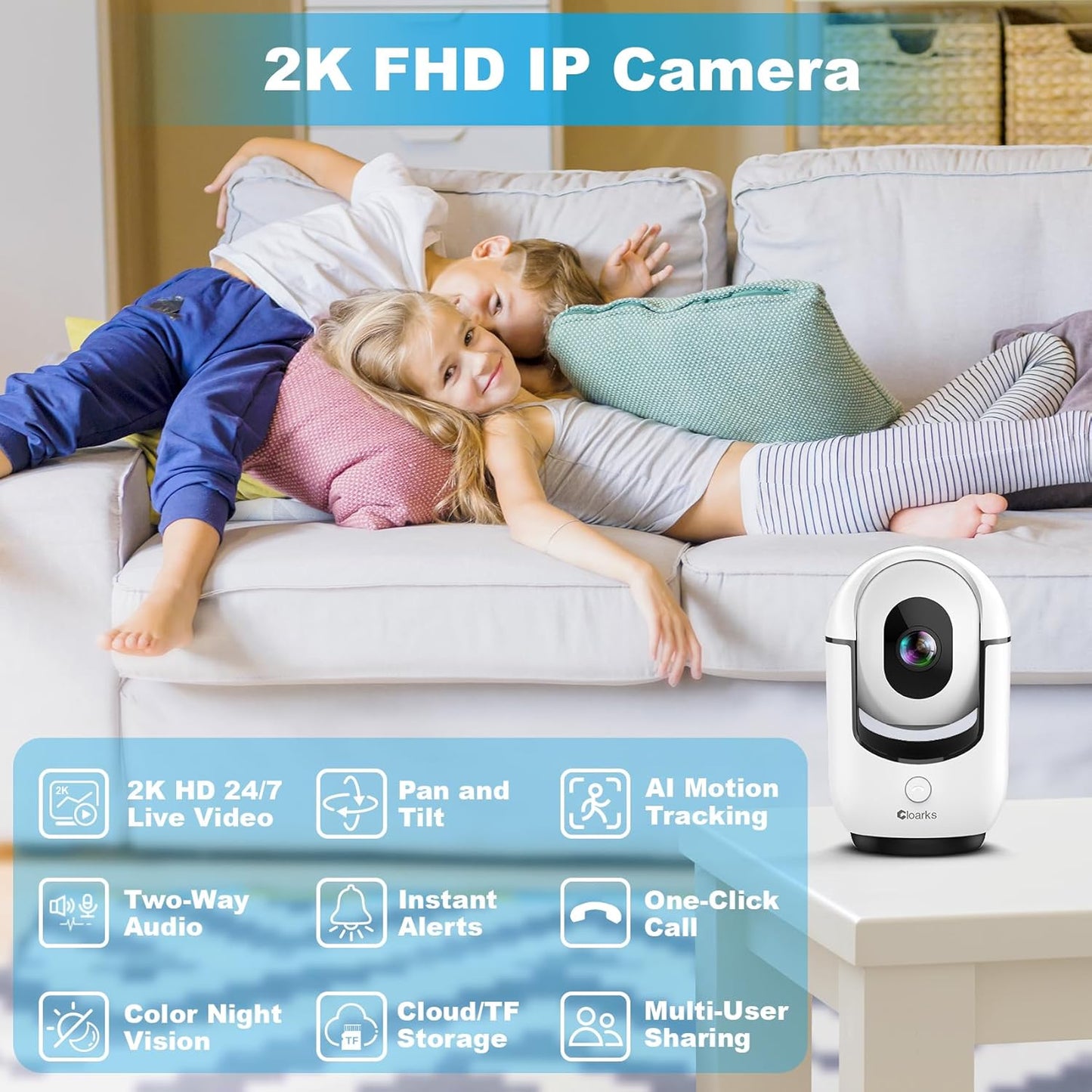 Cloarks 2K 2-Way 24/7, Pan/Tilt Security Camera, WiFi Indoor Cameras for Home Security with AI Motion Detection