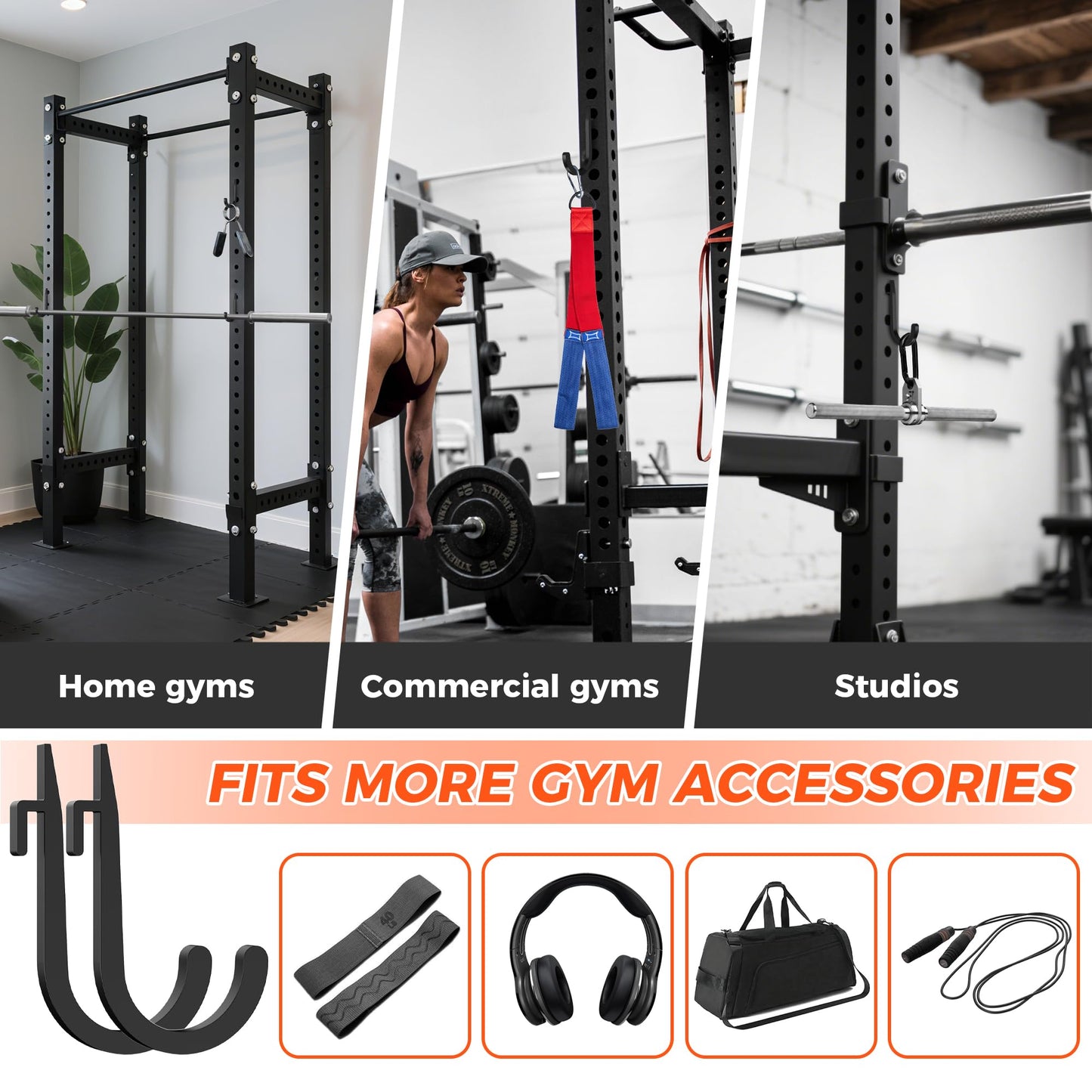 ViewKurM 6 PCS J Hooks for Squat Rack,Power Rack Attachments for Home Gym Storage,Portale Squat Rack Accessories, Storage Hook Holder for Resistance Bands, Barbell Collars and Gym Accessories