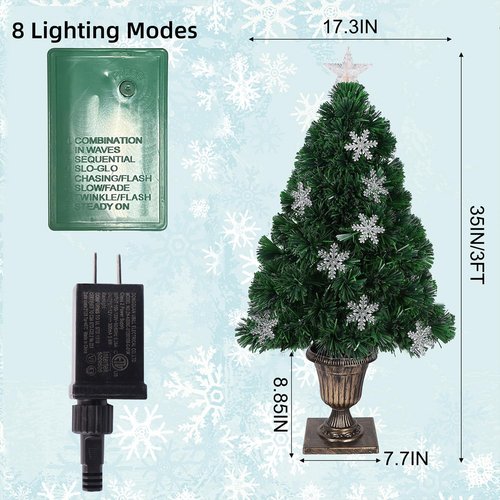 Juegoal Pre-Lit Artificial Christmas Trees - 3 FT Lighted Green Fiber Optic Entrance Trees with Gold Urn Base | 8 Lighting Modes, 110 Branch Tips for Festive Holiday Decor