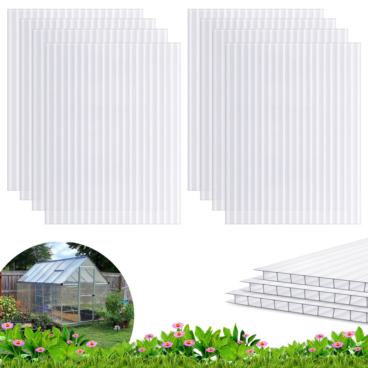 Quibbay 8 Pack 8' X 6' X 0.16'' Polycarbonate Greenhouse Panels, Waterproof UV Protected Clear Polycarbonate Sheets Twin-Wall Roof Panels, Corrugated Plastic Roofing Panels for Greenhouse Replacement