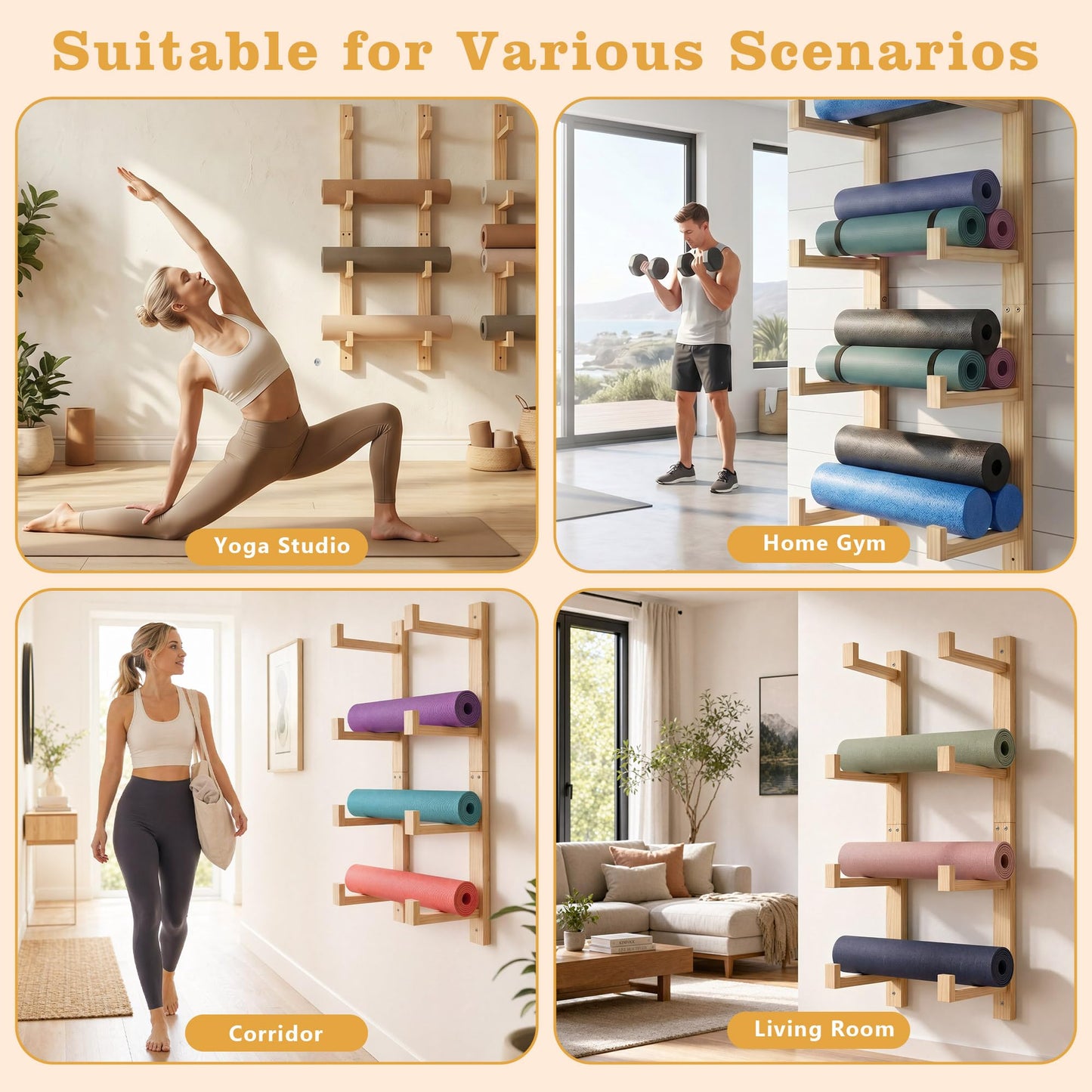 4-Tier Wooden Yoga Mat Holder Wall Mount, Yoga Mat Rack for Home Gym Organization, Wall Storage Hanger for Foam Roller and Fitness Accessories