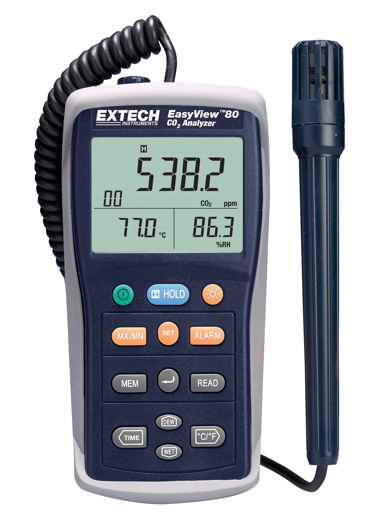 Extech EA80 EasyView Indoor Air Quality Meter and Datalogger - CO2, Temperature, Humidity, Dew Point, Wet Bulb, NDIR Sensor, 20,000 Data Set Logging, Backlit LCD