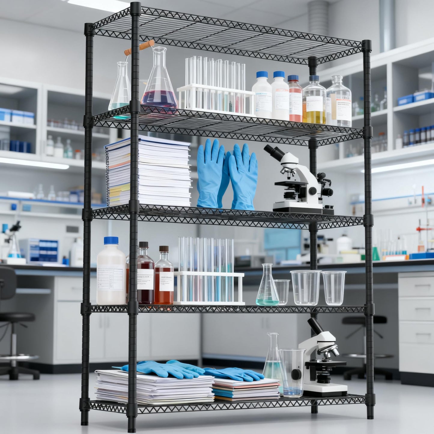 M MZG 1750LBS 47.2" W 5 Tiers Shelf Steel Storage Shelves Shelving Unit Steel Organizer Wire Rack for Home,Kitchen,Office,Garage Black 17.7" D x 47.2" W x 72.4" H