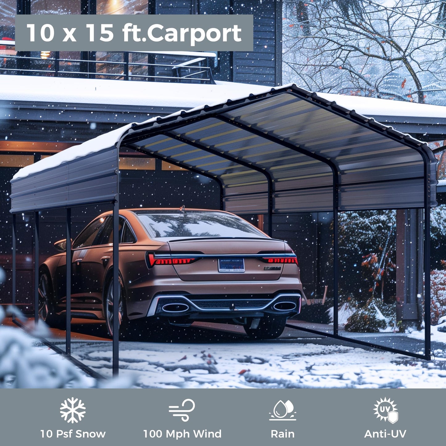 10 x 15 ft Metal Carport Kits with Galvanized Steel Roof & Removable Sidewalls, Heavy Duty Metal Carport Canopy, Outdoor Car Tent Metal Garage Shelter for Car, SUV, Truck and Boats, Gray
