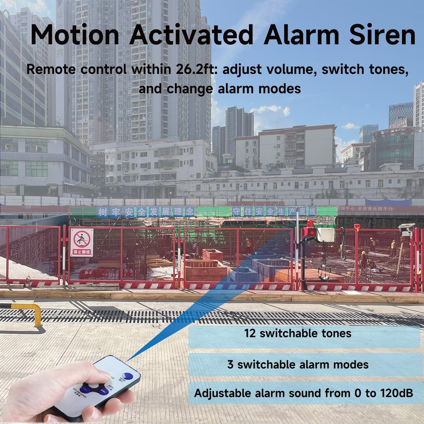 Y DIANS S Motion Sensor Alarm 120dB Horn Adjustable Volume Tones Waterproof LED Strobe Light Sirens Motion Detector Alarm System for Home Factories, Warehouses and Docks Security AC110-120 V SLA-01W