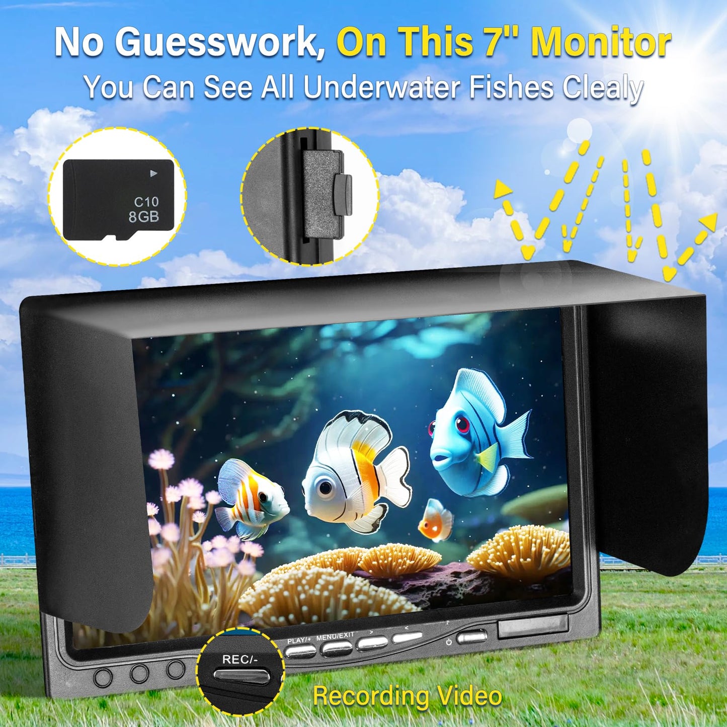 HD Underwater Fishing Camera 164FT,JQKJCAM Waterproof IP68 Fish Finder with 18 IR+18 White Lights,7‘’ 1080P DVR Monitor,4500mAh Battery,Under Water Cameras for Fishing(50M)