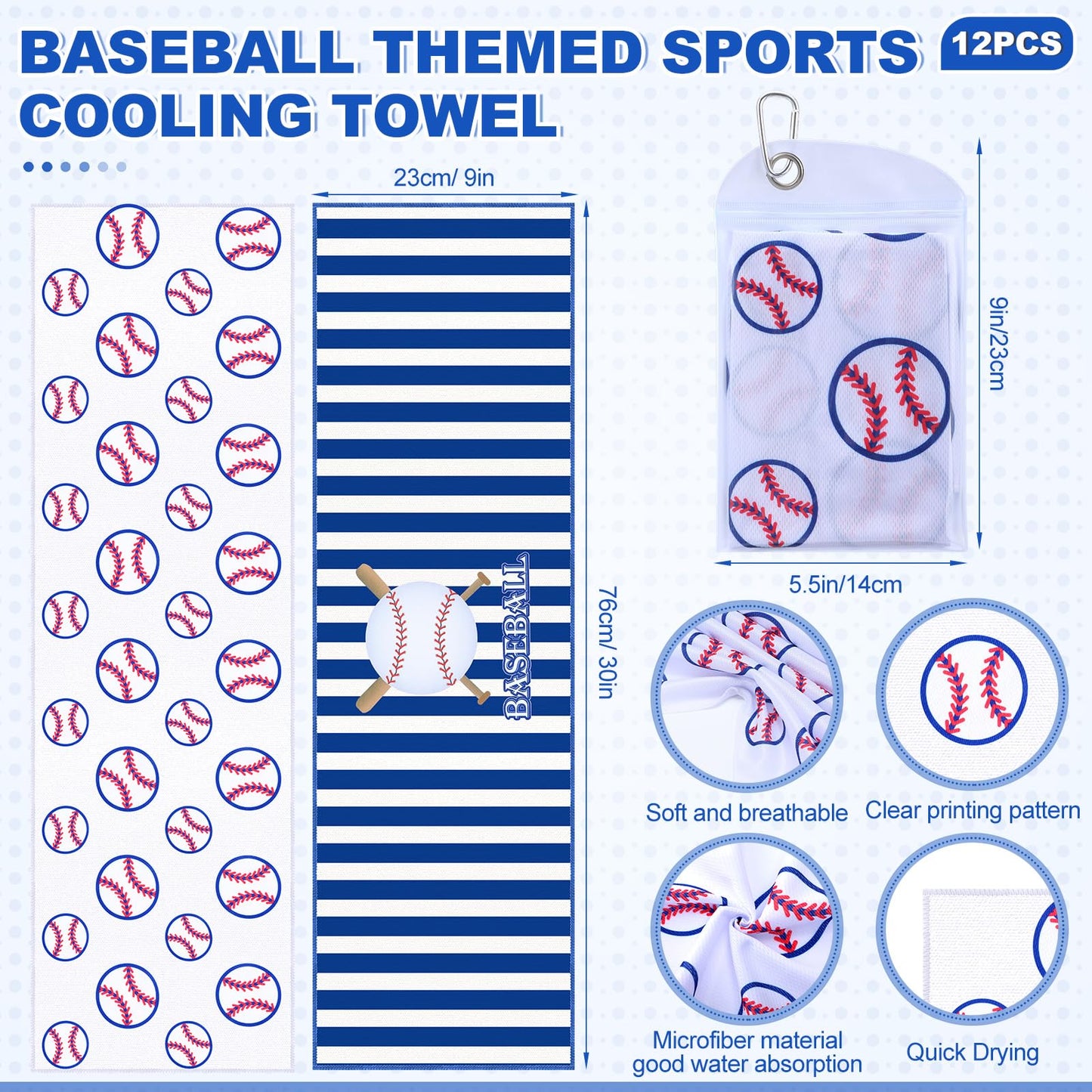 Mindsoft 12 Set Baseball Cooling Towels for Sports Team Gifts with Carrying Pouch 40 x 12 Inch Baseball Towels Bulk Microfiber Ice Cooling Rags for Birthday Party Favors Swag Bag Stuffers