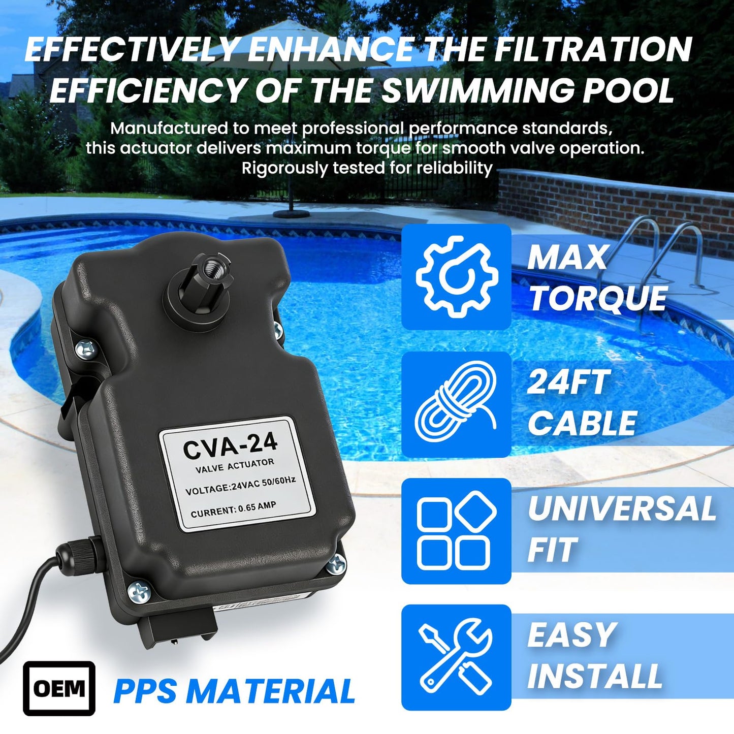 Lanluan 24V Motorized Pool Valve Actuator, 24-Foot Cable, Upgraded PPS Heat Resistant, 3-Wire 180° Rotation 3-Port, Replacement for 263045 CVA-24T in 24VAC Automated Pool Systems