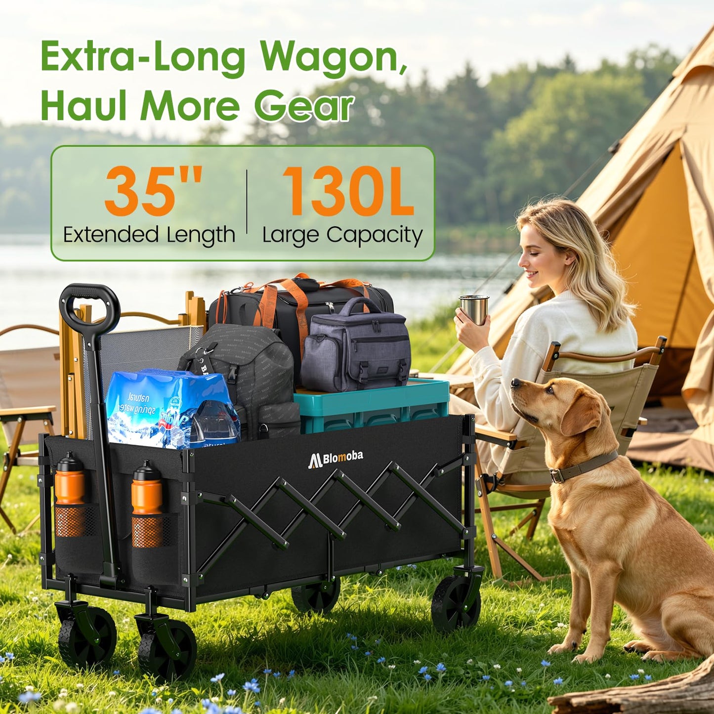 Blomoba 35'' Extra Long Collapsible Wagon with Adjustable Handle, Lightweight Folding Wagon with 360° Swivel Wheels, 220 LBS Portable Utility Cart for Garden, Sports, Grocery, Shopping, Camping, Black