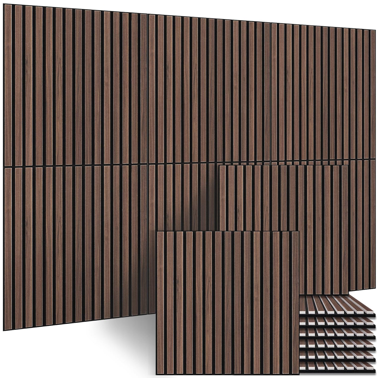 BUBOS Large Acoustic Wall Panels, 6-Pack 24" x 24" x 0.7" Faux Wood Slat Sound Absorbing Panels, High-Density Soundproof Wall Decor for Recording Studio, Home Theater & Gaming Room，SF Black Walnut