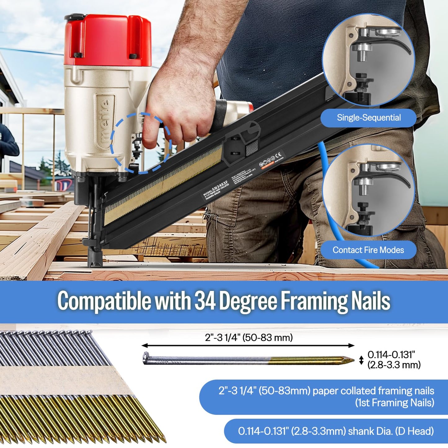 meite 30 Degree Framing Nails 3 Inch Electro-Galvanized Paper Collated Nails for 30-34 Degree Framing Nailer, Offset Round Head Smooth Shank Framing Nails for Wall Stud Sheathing Decking 2,000PCS