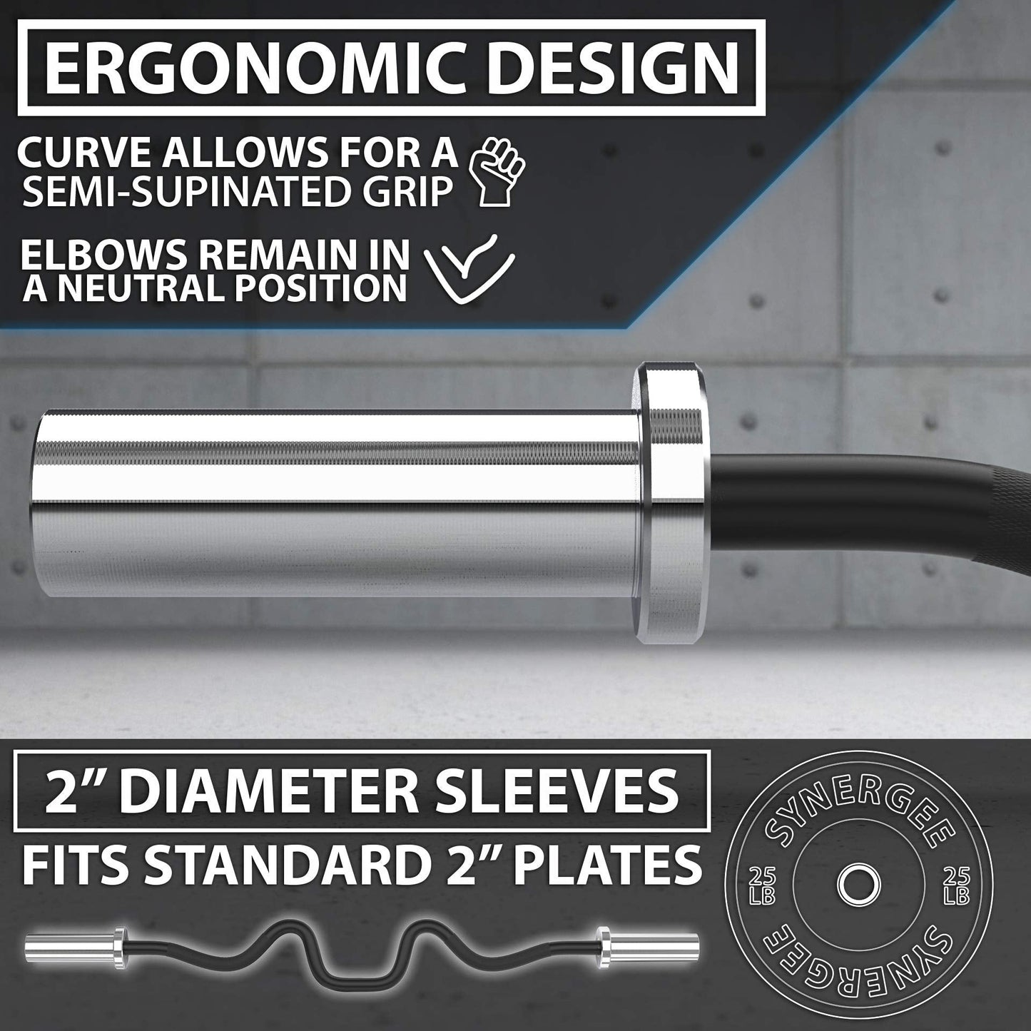 Synergee Commercial Super Easy Curl Olympic Bar Chrome Sleeves and Black Phosphate Shaft Excellent for Bicep Curls and Triceps Extensions