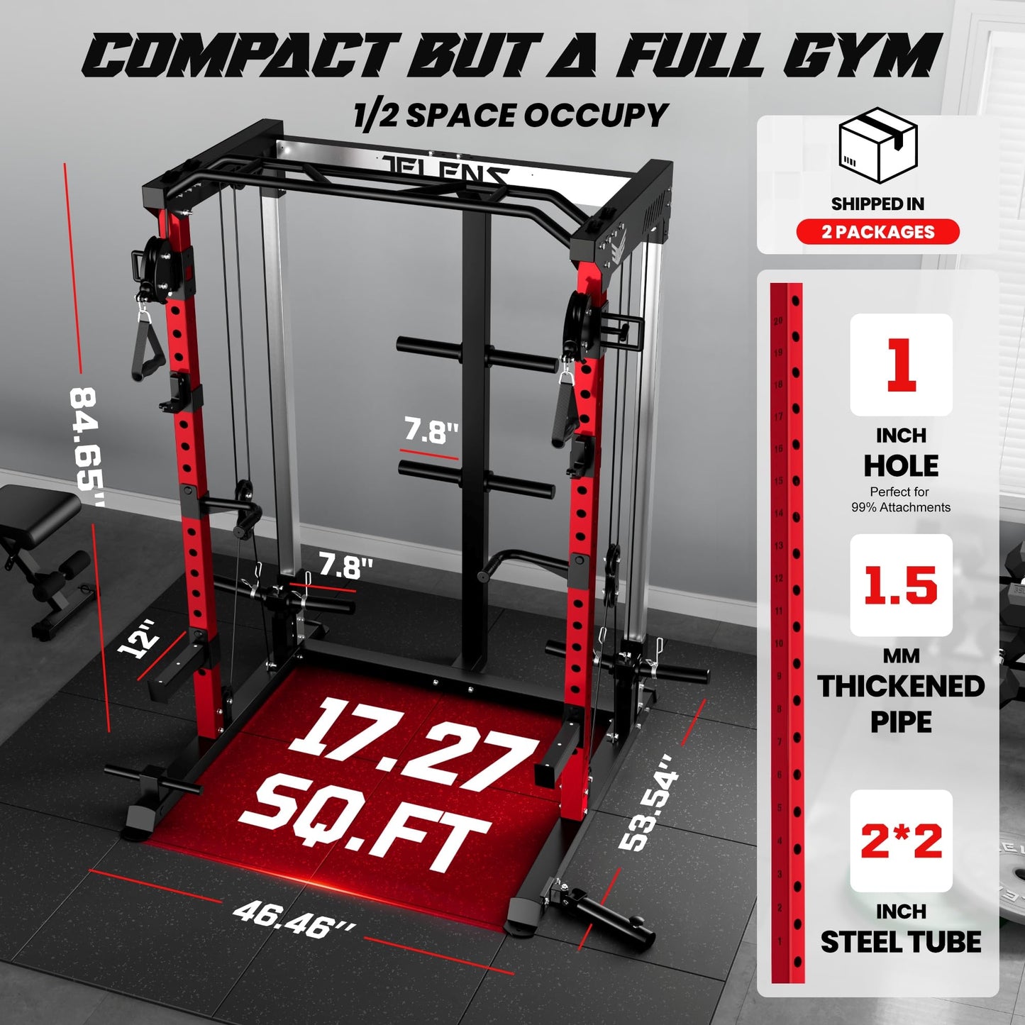 JELENS C21 Power Cage, 2000LBS Multi-Function Power Rack with Independent Dual Pulley System, All-in-One Squat Rack for Cable Crossover, Home Gym Workout Machine (Red, C21 Power Cage)