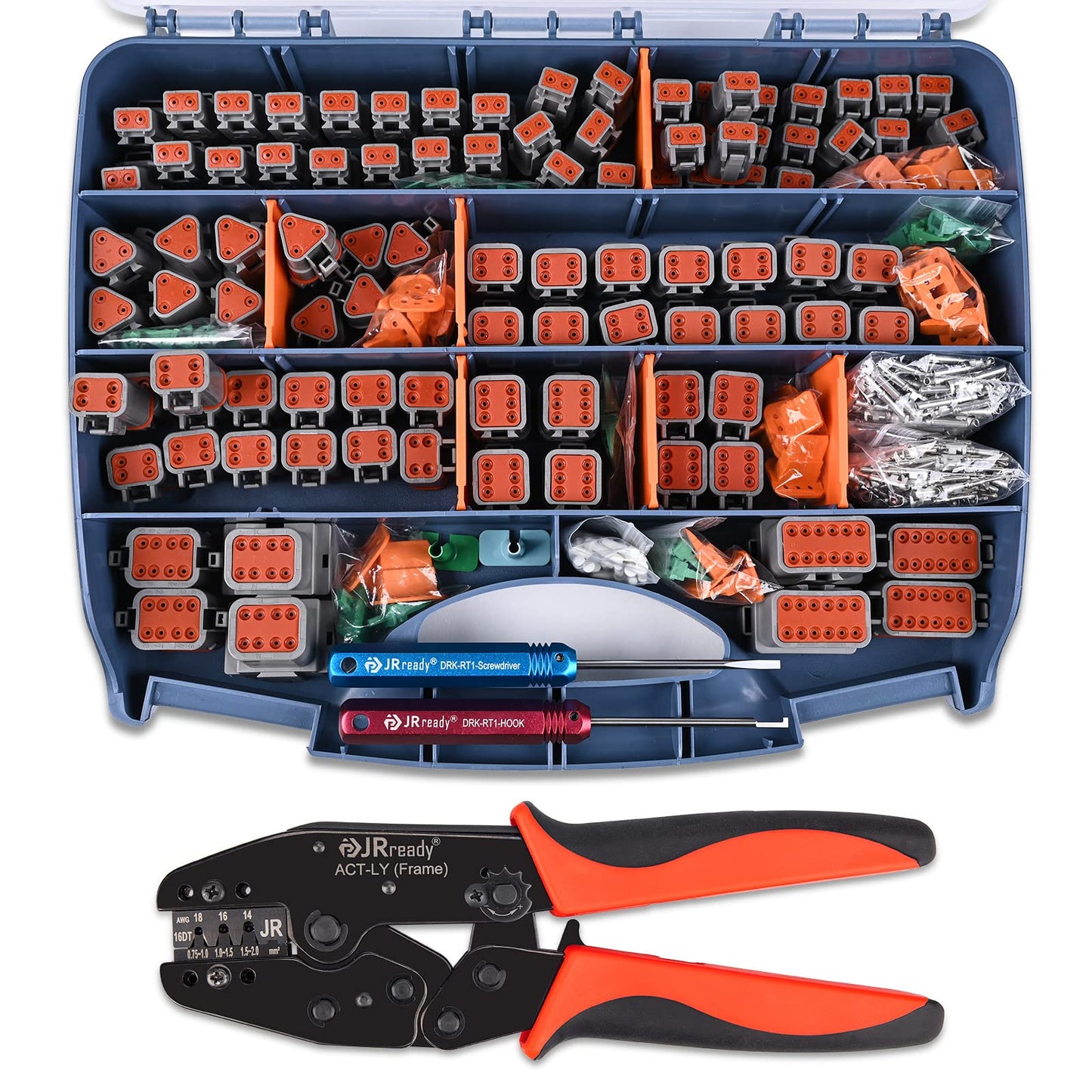 JRready ST6316 DT Deutsch Connector Kit, 2,3,4,6,8,12 Pin Connector, Deutsch Crimp Tool (ACT-LY-16DT), Size 16 Stamped Contacts, Deutsch pin Kit.