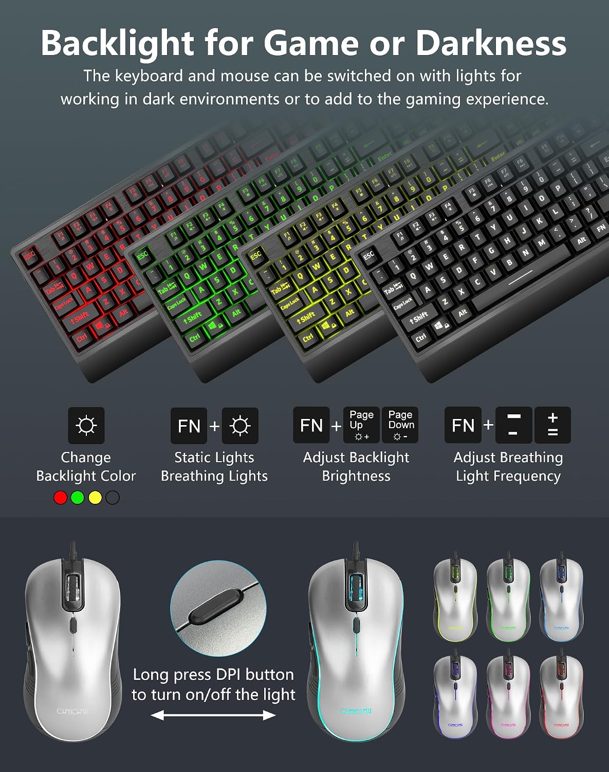 CHONCHOW 12 PS5 USB Wired Keyboard and Mouse Combo with Red-Yellow-Green LED, Silent Gaming Keyboard with Mulitmedia