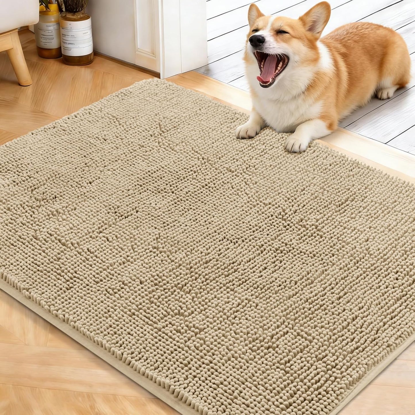 OLANLY Dog Door Mat - Absorbent Non-Slip Washable Chenille Mat for Muddy Paws | 40x32, Beige