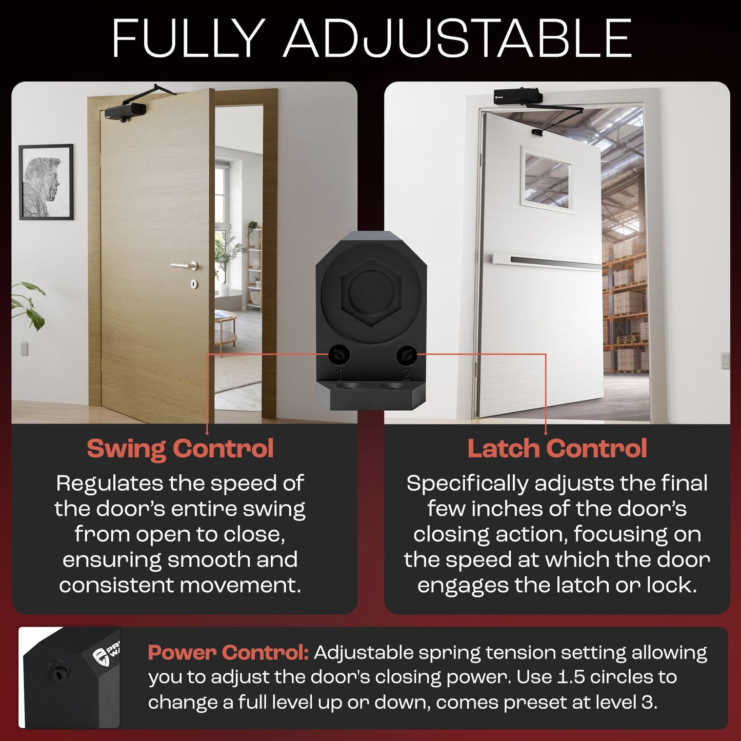 PrimeWare DC-600 Automatic Adjustable Door Closers for Home | Soft Close, No Slam | Residential and Commercial Door Closer | Level 1-6 | for Doors Weighing 30-300 lbs | Hydraulic Door Spring - Black