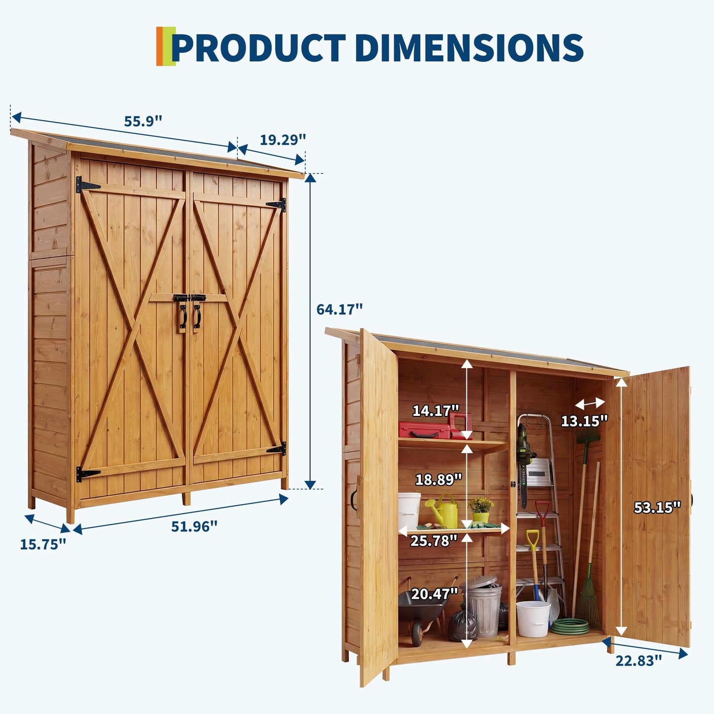 Outdoor Storage Cabinet with 2 Shelves & Lockable Doors- Wooden Garden Shed with Floor and Waterproof Roof for Patio, Backyard, Deck, Lawn Organization Tall Wood Tool Shed, Large Storage Space