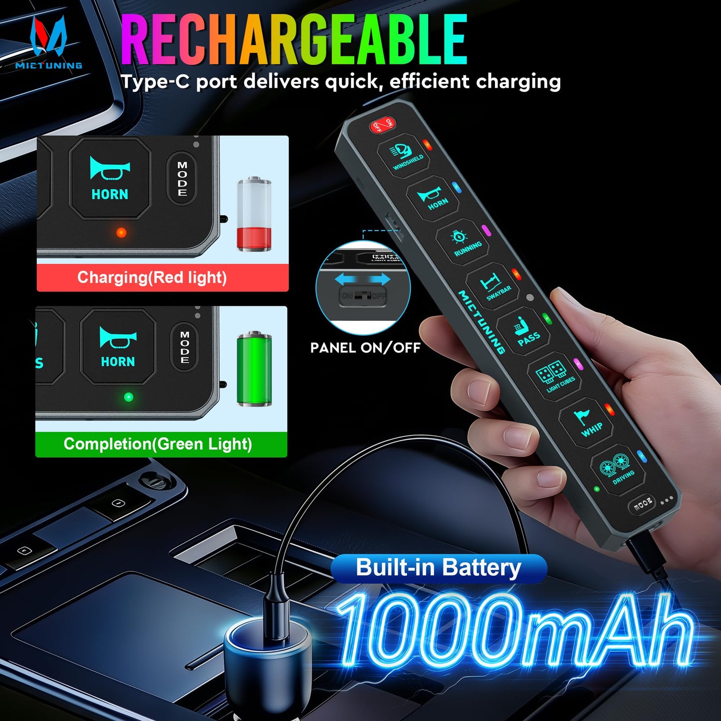 MICTUNING MS-W 8 Gang Wireless Switch Panel Slim Design,208FT Range RGB Auto-dimming Backlit, Rechargeable Multifunction Toggle Momentary Flash Strobe Circuit Control Relay Box for Off Road Truck