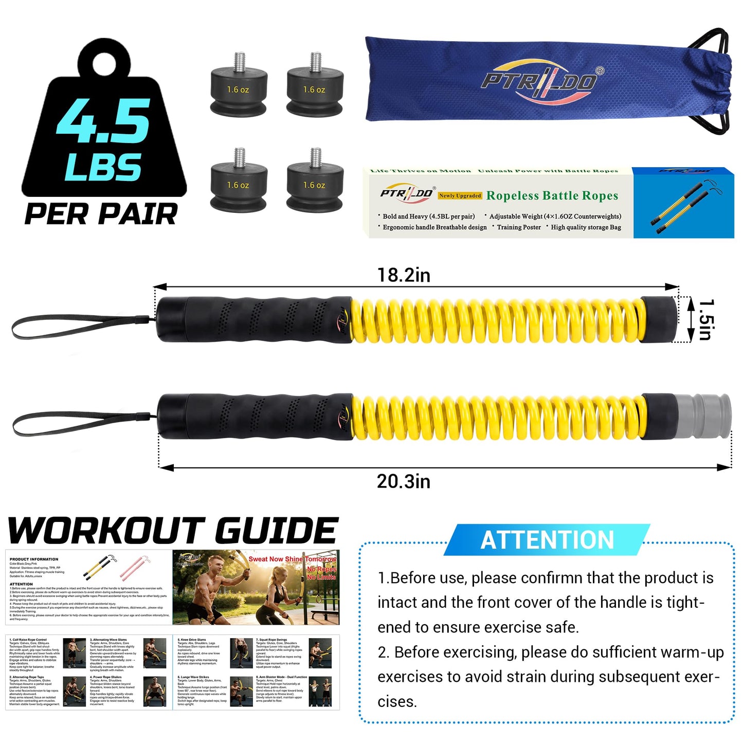 Weighted Cordless Battle Ropes for Home Gym & Apartment with 3 Adjustable Resistance Levels-Ropeless Battle Ropes for Strength Training,HIIT,Full Body Exercise Includes Workout Guide & Storage Bag