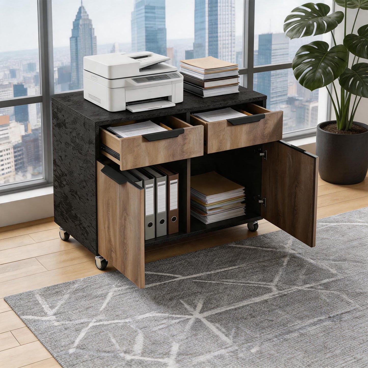 SAINTCY Executive Office Desk with Mobile File Cabinet, L Shaped Desk with Power Outlet & Drawers, Modern Wood Office Desk for Home Office, Studio & Business Workspace (Mahogany, 78.75" W)